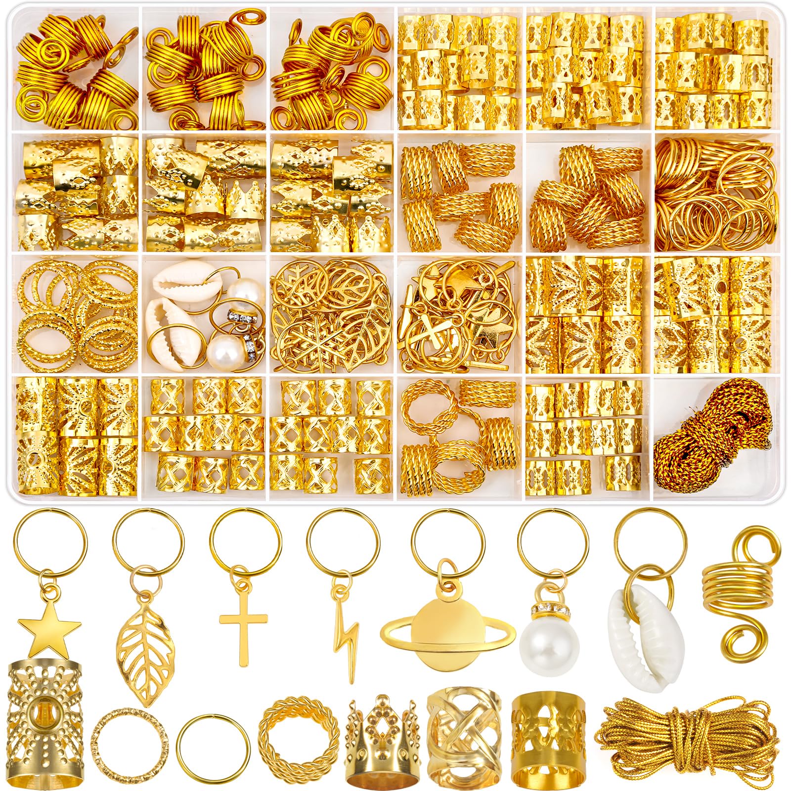 SANNIDHI® 259 Pcs Hair Jewelry for Braids,Loc Jewelry for Hair Dreadlock,Charm Accessories Women Metal Gold Braids Rings Cuffs Clips Dreadlock Accessories Clips Rings Extensions Decorations