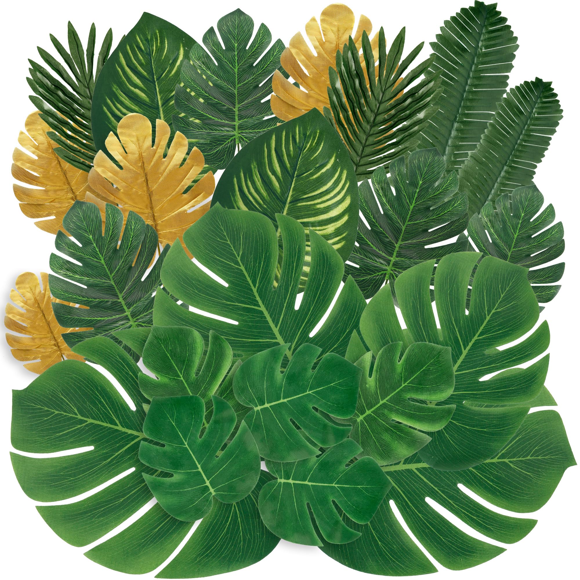HASTHIP® 30PCS Artificial Tropical Palm Leaves, Fabric Made, 8 Designs Including Monstera, Decorative Foliage for Hawaiian Luau, Jungle, Beach, Wedding, Shower, and Birthday Party Decor