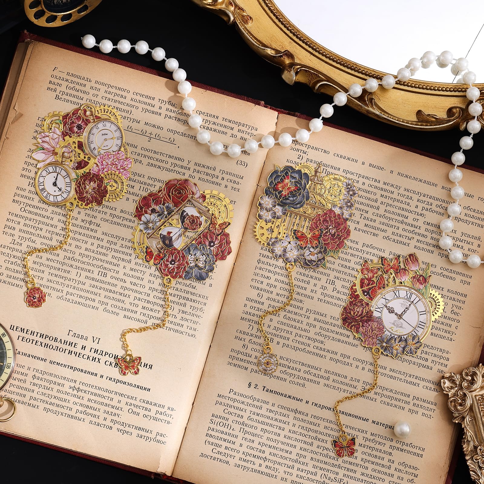 OFIFO Bookmarks Set for Reading with Pocket Watch Inspired Pendant Chain | 4PCS Metal Gift