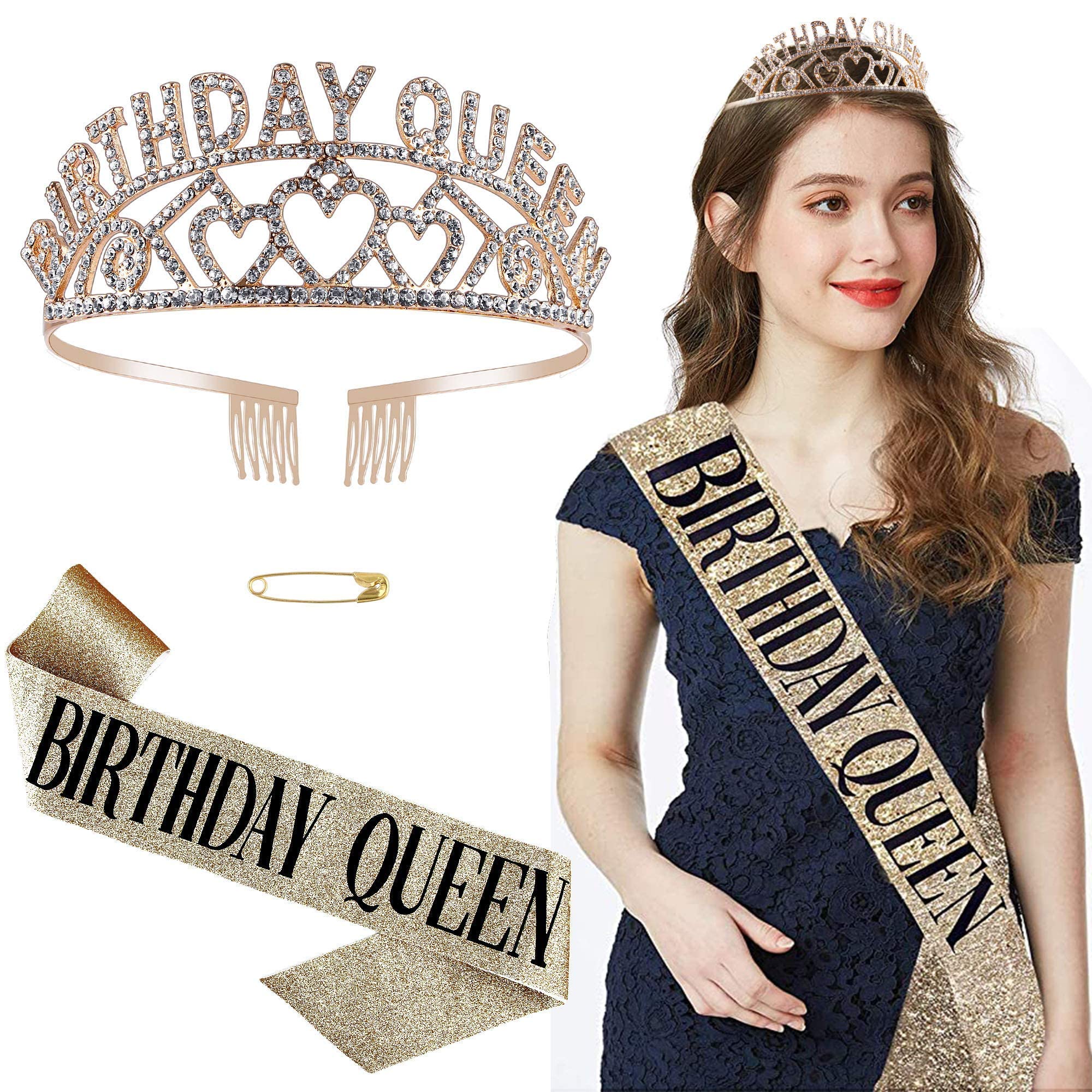 SNOWIE SOFT Birthday Queen Tiara Sash Set for Party Celebrations featuring Rhinestone Crown and Satin Fabric | Rose Gold Decorations for Women