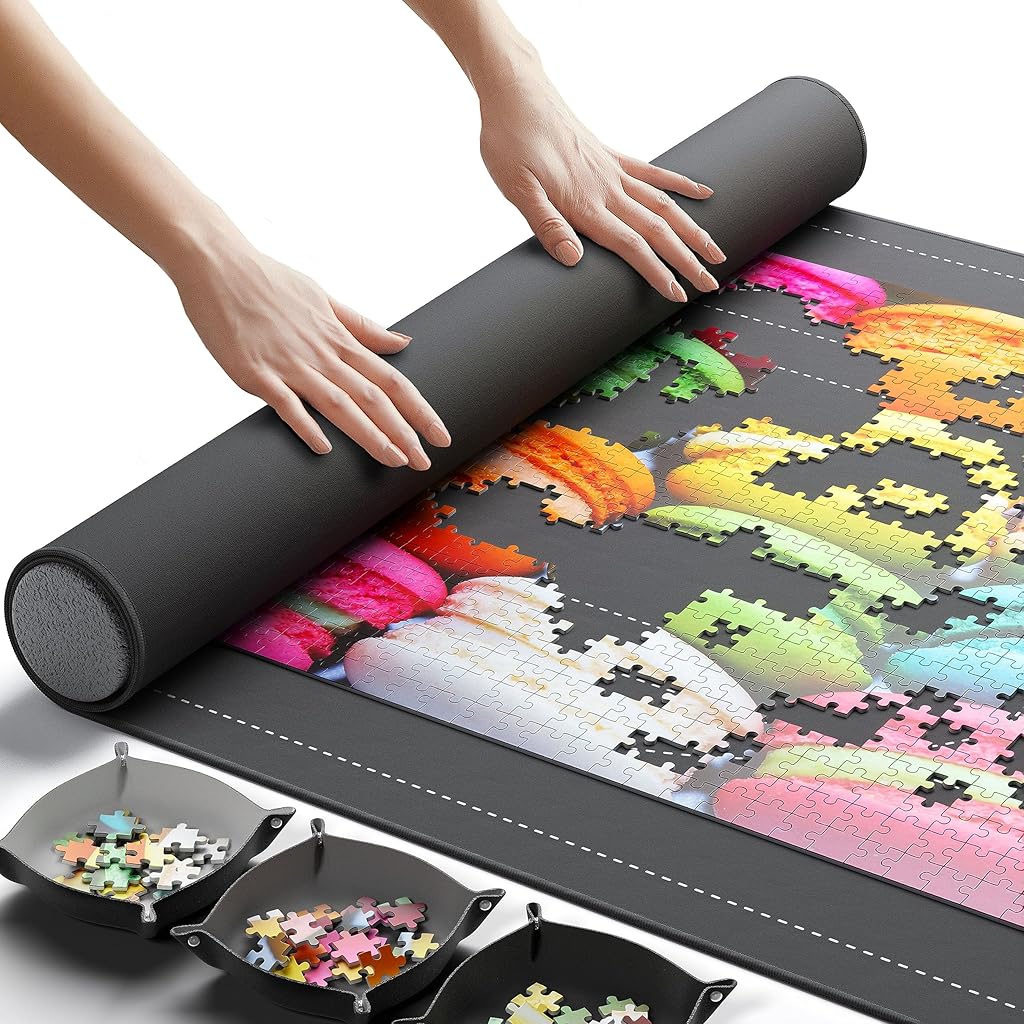 PATPAT® Felt Puzzle Floor Mat Puzzle Storage Mat for 1500 Count Jigsaw Puzzle Pieces, with 4 Puzzle Pieces Organizer Tray, Air Pillar, Air Pump, Fastener Strap, Storage Bag