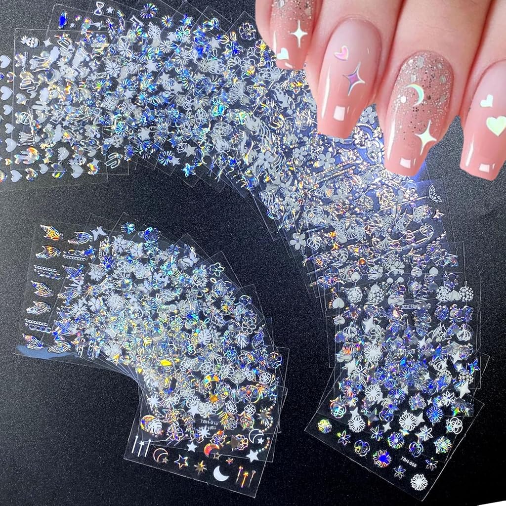 MAYCREATE® 30 Sheets Aurora Nail Art Stickers Decals, Holographic Moon Star Nail Art Stickers Decals Self-Adhesive Nail Decals Art Design for DIY Acrylic Nails Decoration Accessories for Women Girls