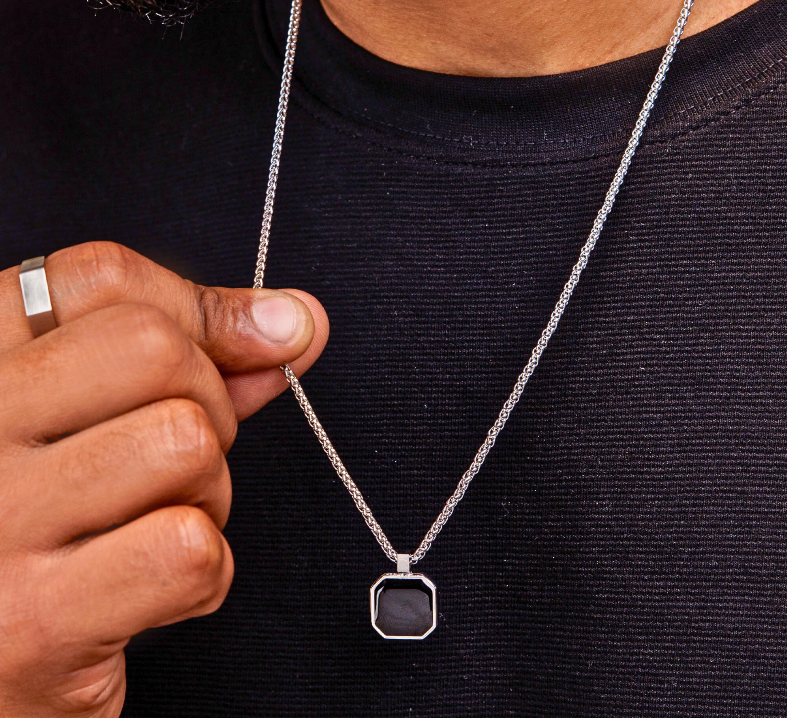 Zibuyu Men's Necklace with 1.57×0.39 in Black Square Pendant and 23.62 in Chain | Stainless Steel Gift for Men