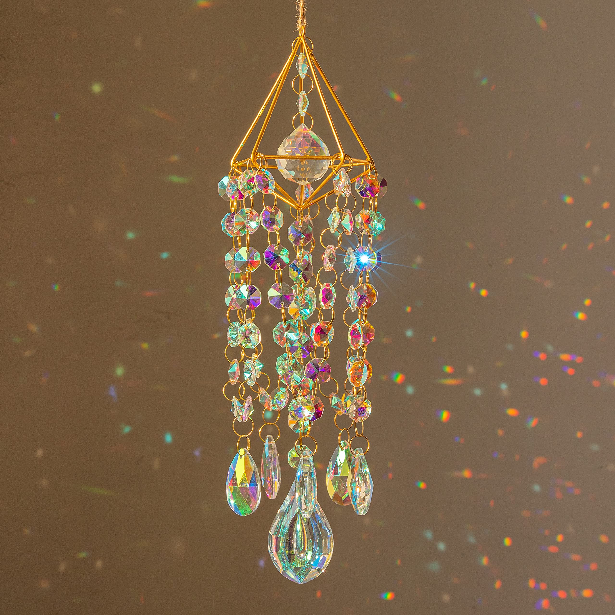 HASTHIP® Crystal Suncatchers for Window Hanging Wind Chime Style Garden Sun Catchers with Crystals Rainbow Maker Indoor Outdoor Decor Handmade Gold Plated-Gold