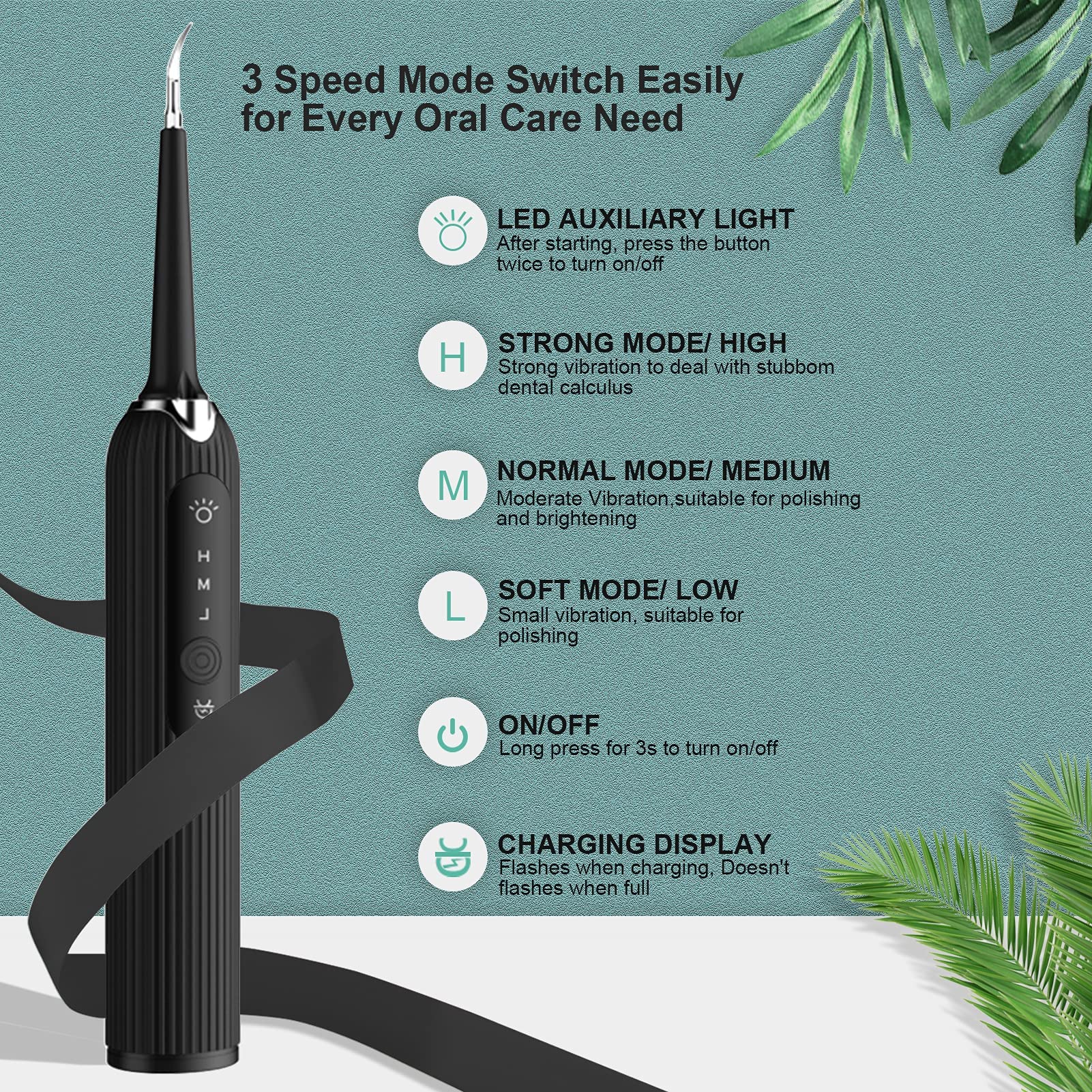HANNEA Teeth Cleaner Kit with 3 Modes and 4 Heads featuring Sonic Vibration & LED Light