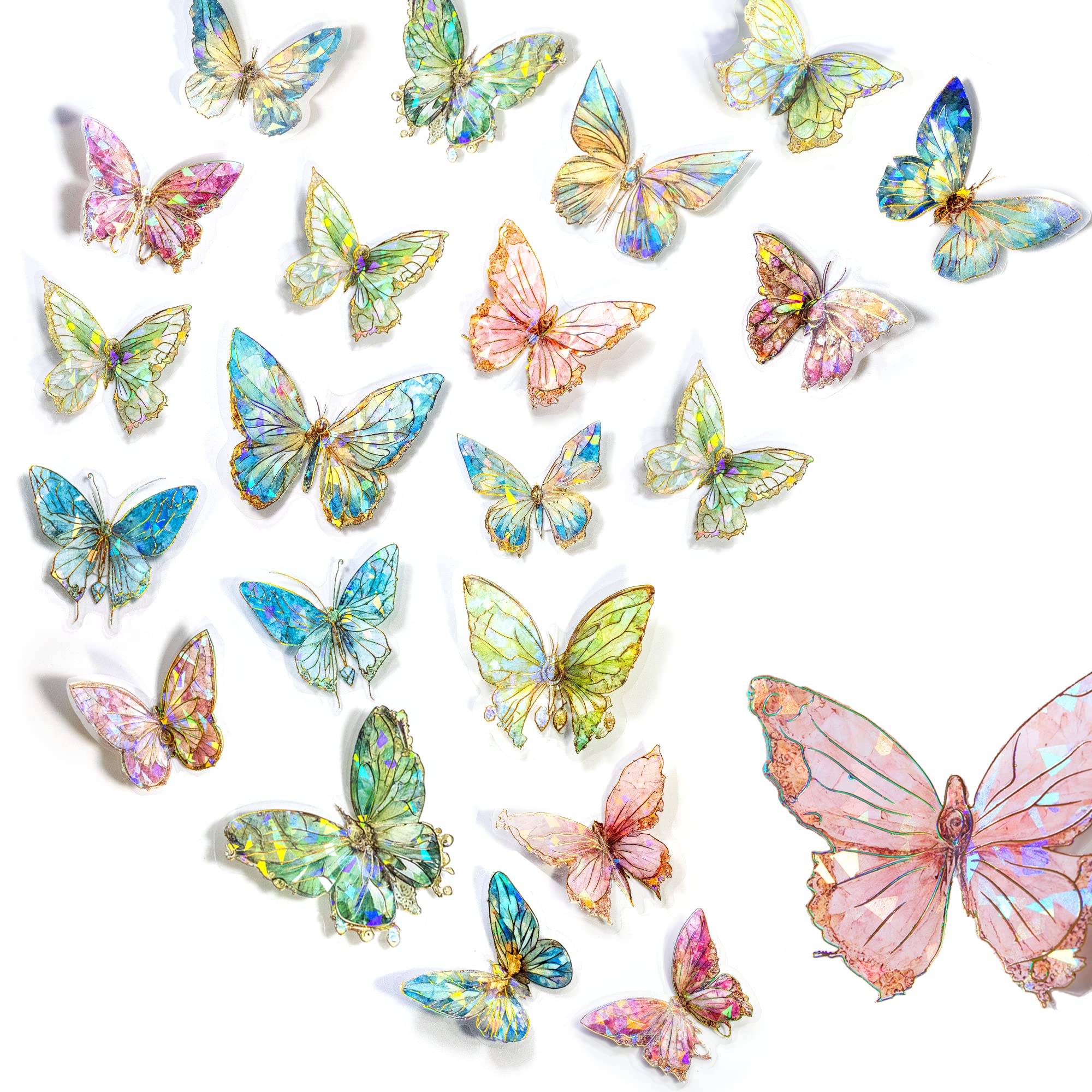 HASTHIP® Butterfly Stickers Set - Ice Crystals Holographic Shiny Transparent Resin Waterproof Stickers Decals for Scrapbooking Supplies Bullet Journals Daily Planner Laptop (80 Pieces with 4 Themes)