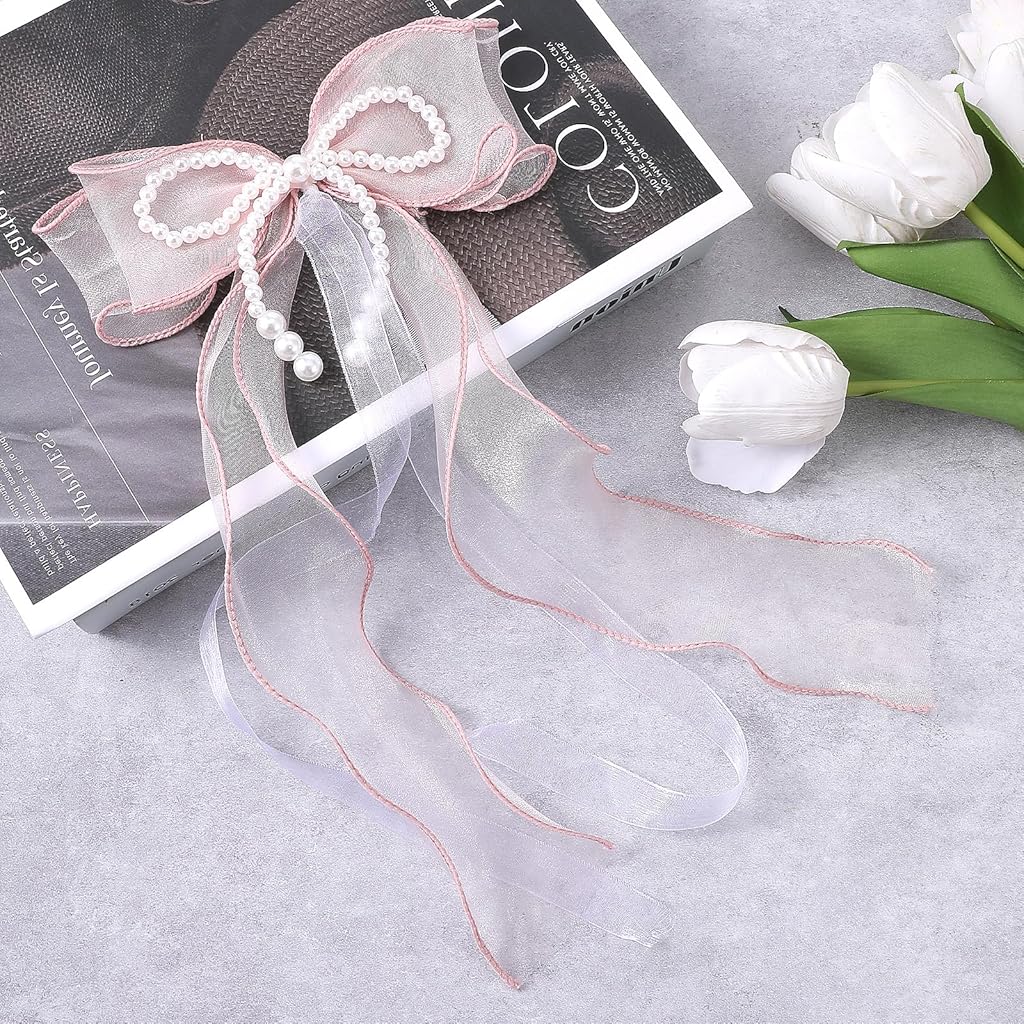 HASTHIP® 2 PCS Bow Curtain Tiebacks Elegant Pink Bow Butterfly Curtain Tiebacks with Pearls Sweet Bowknot Holdbacks for Stylish Home Bedroom Offices Dining Rooms Decoration - 31.5 in(80 cm)