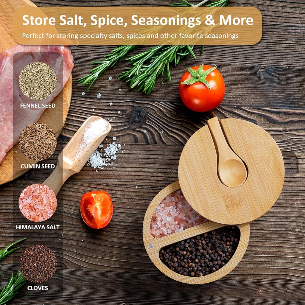 Supvox® 2-Compartment Salt Box for Salt & Spices, Bamboo Salt Cellar with Swivel Lid and Wooden Spoon, Dual 6 oz Salt Containerer