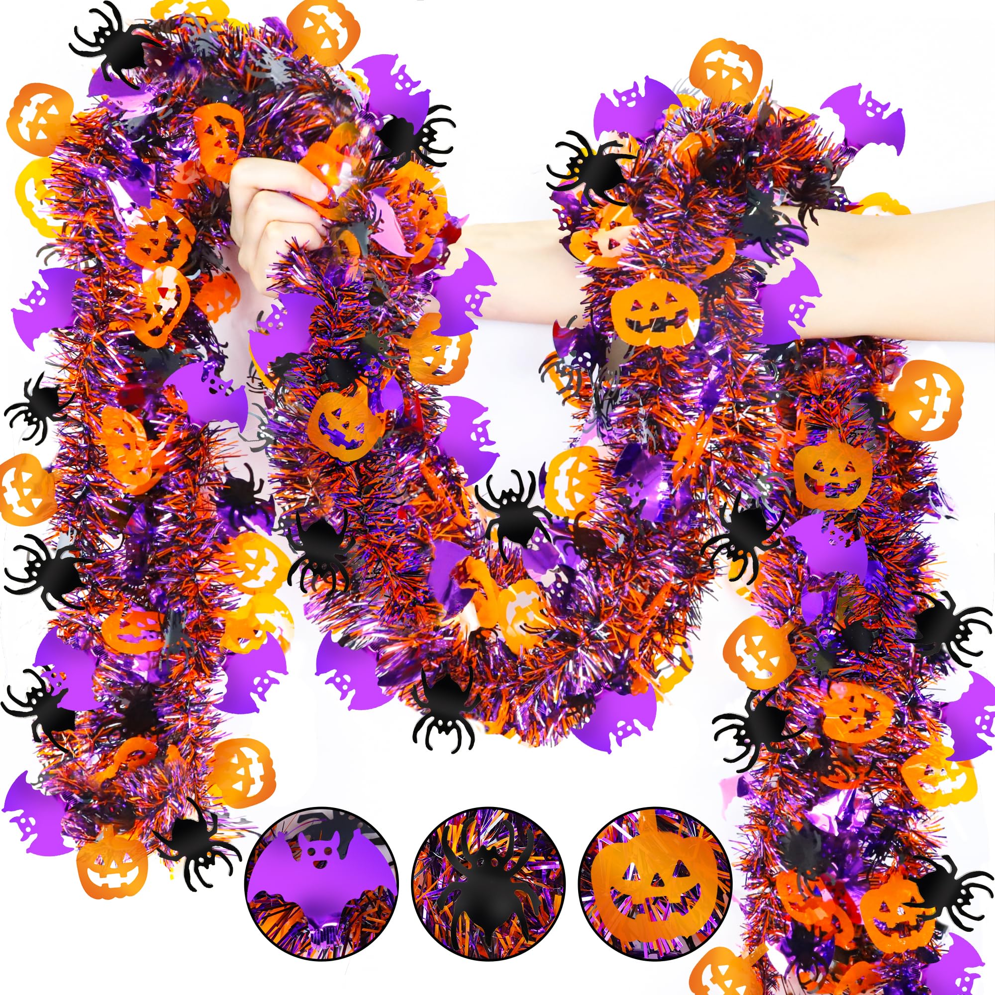 HASTHIP® Halloween Decorations, 6.56 FT Halloween Tinsel Garland with Orange Pumpkin Black Spider Purple Bat, Shiny Metallic Twist Garland for Home Tree Indoor Outdoor Party Decorations