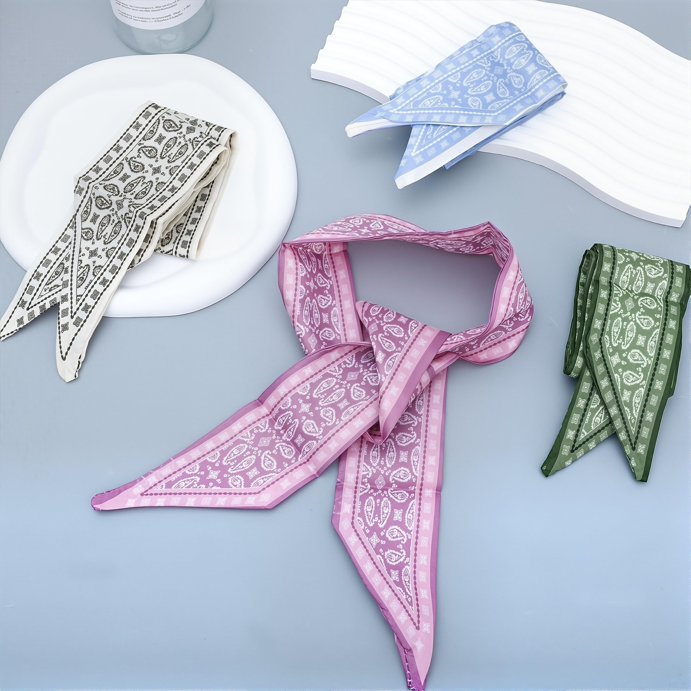 SANNIDHI Hair Scarf for Women featuring 34x2.4 in Silk Design Pack of 4 | Floral Styling Accessory