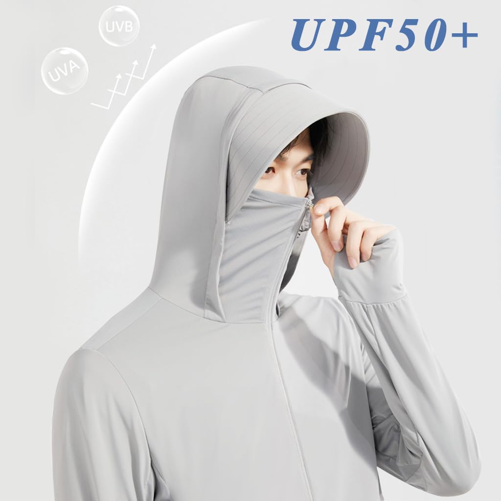 GUSTAVE® Men's Sun Protection Clothes UV Protection Suit UPF 50+ Full Cover Up Hoodie Sun Protection Clothing Intergrated Wide Brim Hat Long Sleeve Sun Protection Clothes for Men, XXL
