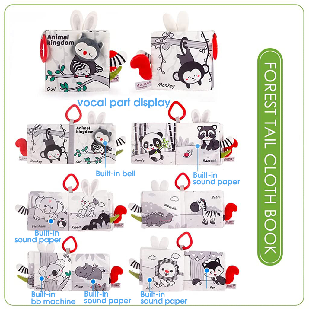 SNOWIE SOFT Baby Cloth Book Cartoon Black and White Baby Cloth Book with Built in Squeaky Toy Sensory Book Baby Cloth Early Sensory Toy Book Sensory Book Gift Toy for Baby Toddler 3-12 Months