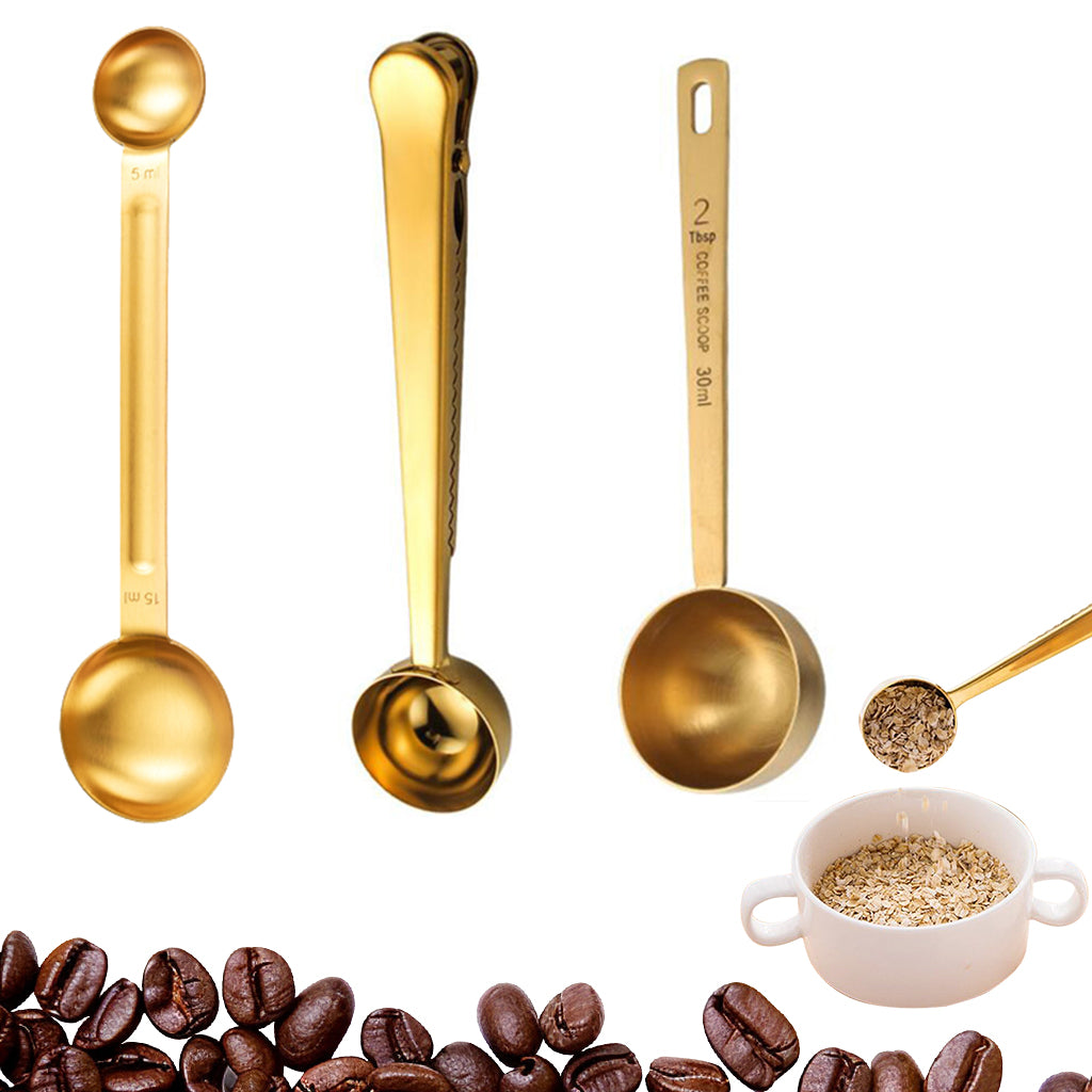 Supvox 5ml /15ml/30ml Ground Coffee Scoops Set 2 in 1 Measuring Scoop with Intergated Sealing Clip Dual-end Food Grade Stainless Steel Measuring Spoons Kitchen Measuring Spoons for Baking, Cooking