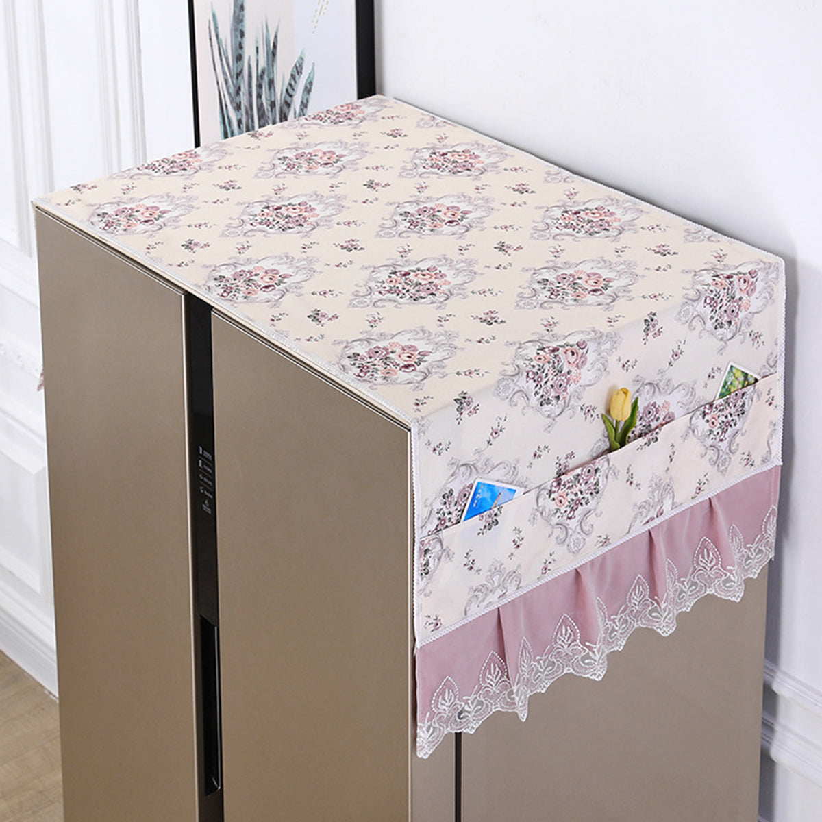 HASTHIP® Fridge Cover Fashion Floral Print Refrigerator Dust Proof Cover Refrigerator Roof Cover Lace Hem with Pockets Universal Fit Refrigerator Cover Kitchen Home Appliance Roofcover, 70x170cm