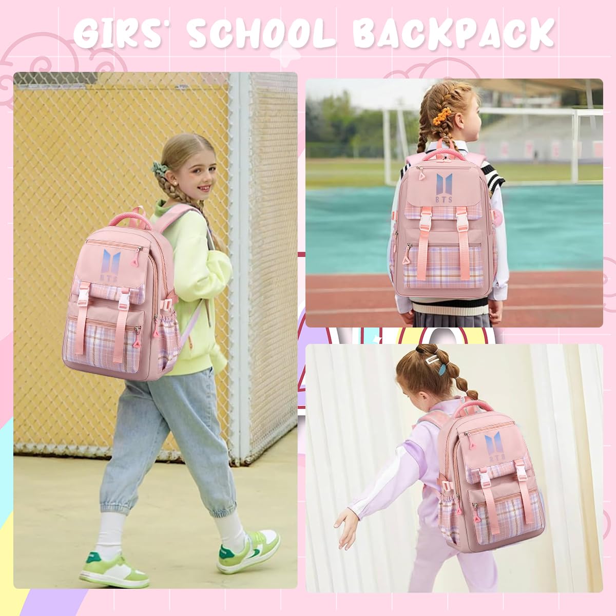 PALAY BTS Backpack for School Girls 6-12 Years Old Teens Fashion Checked Print BTS School Backpack Large Multi Layer Book Bag Travel Backpack for Teens Students School Gift for Girls, Pink