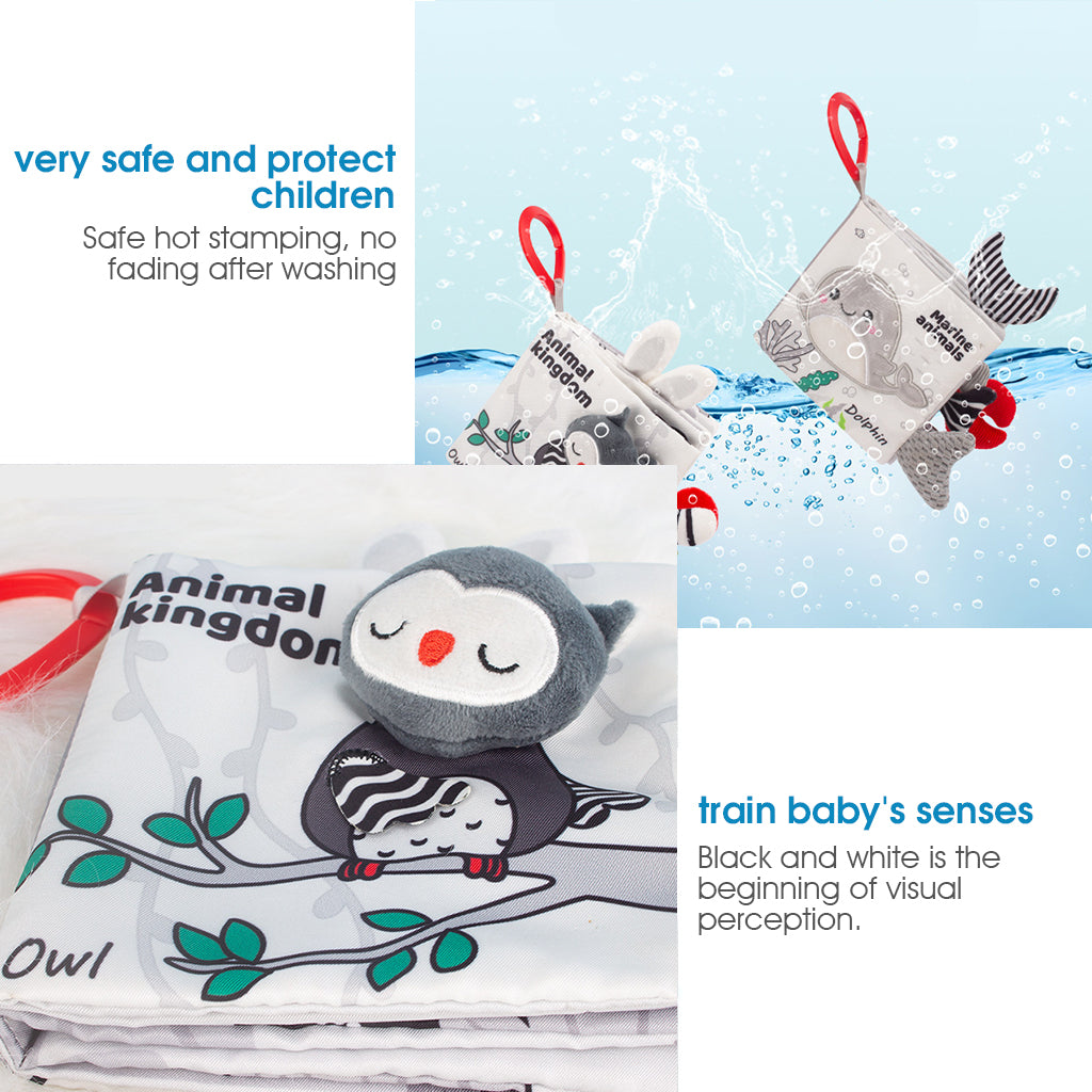 SNOWIE SOFT Baby Cloth Book Cartoon Black and White Baby Cloth Book with Built in Squeaky Toy Sensory Book Baby Cloth Early Sensory Toy Book Sensory Book Gift Toy for Baby Toddler 3-12 Months