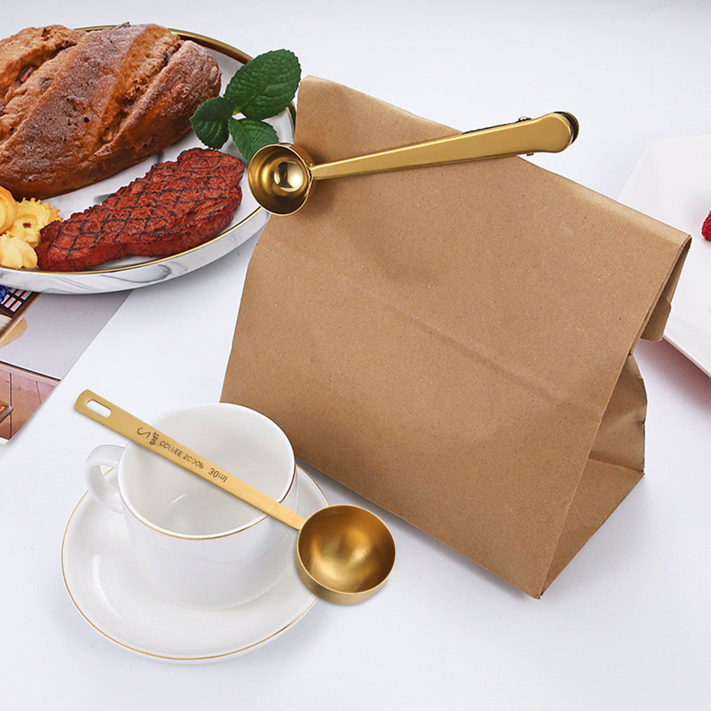 Supvox 5ml /15ml/30ml Ground Coffee Scoops Set 2 in 1 Measuring Scoop with Intergated Sealing Clip Dual-end Food Grade Stainless Steel Measuring Spoons Kitchen Measuring Spoons for Baking, Cooking