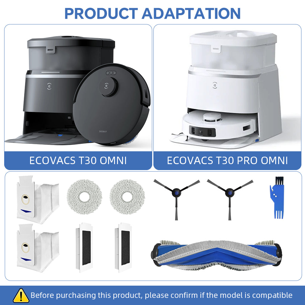 HASTHIP® 10Pcs Replacement Parts for Ecovacs T30 Omni/T30 PRO Omni, Spare Accessories with 1 Main Brush, 2 Side Brushes, 2 Mop Cloth, 2 Filters, 1 Cleaning Brush, 2 Dust Bags - Cleaning Tools