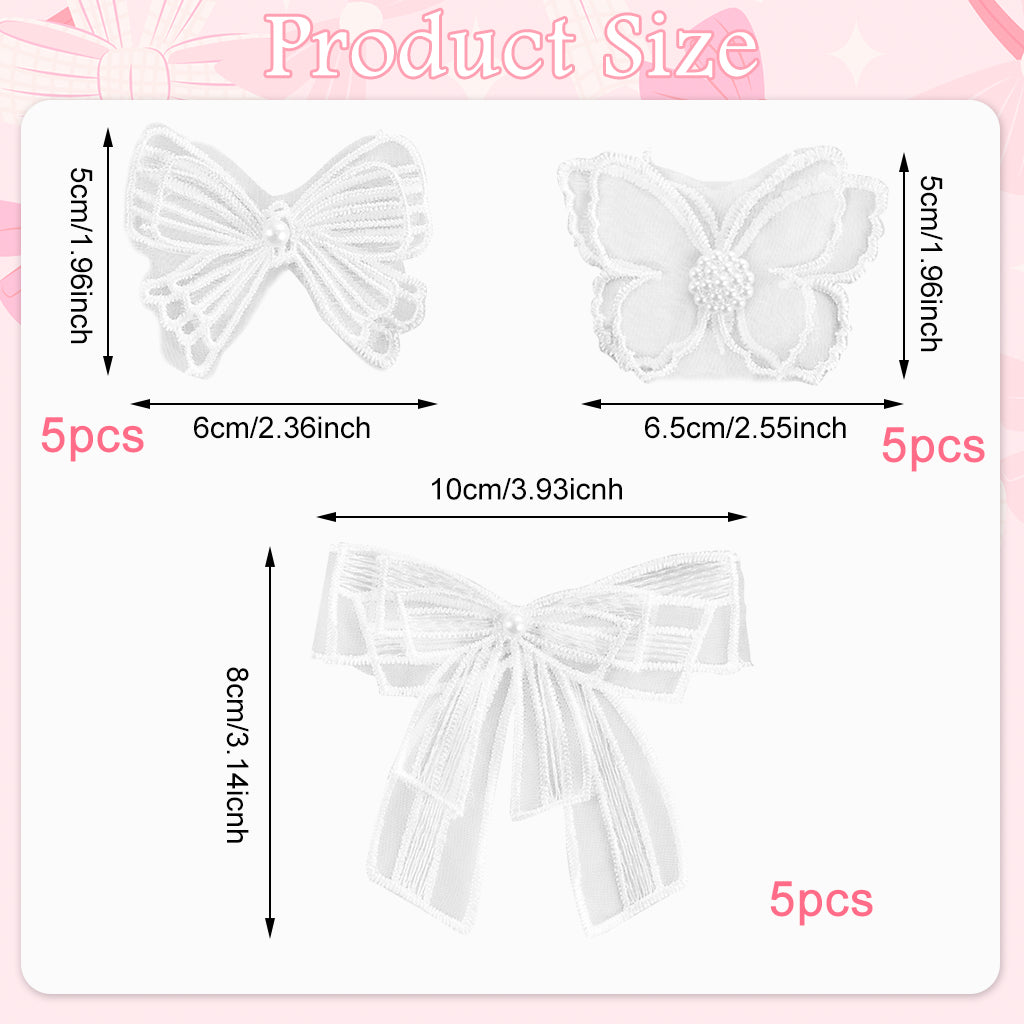 HASTHIP 15Pcs Embroidery Crafts Decals White Lace Bow Charms Butterfly Charms Double Sheer Bow Charms for DIY Crafts, DIY Headbands, Hair Clips, Socks