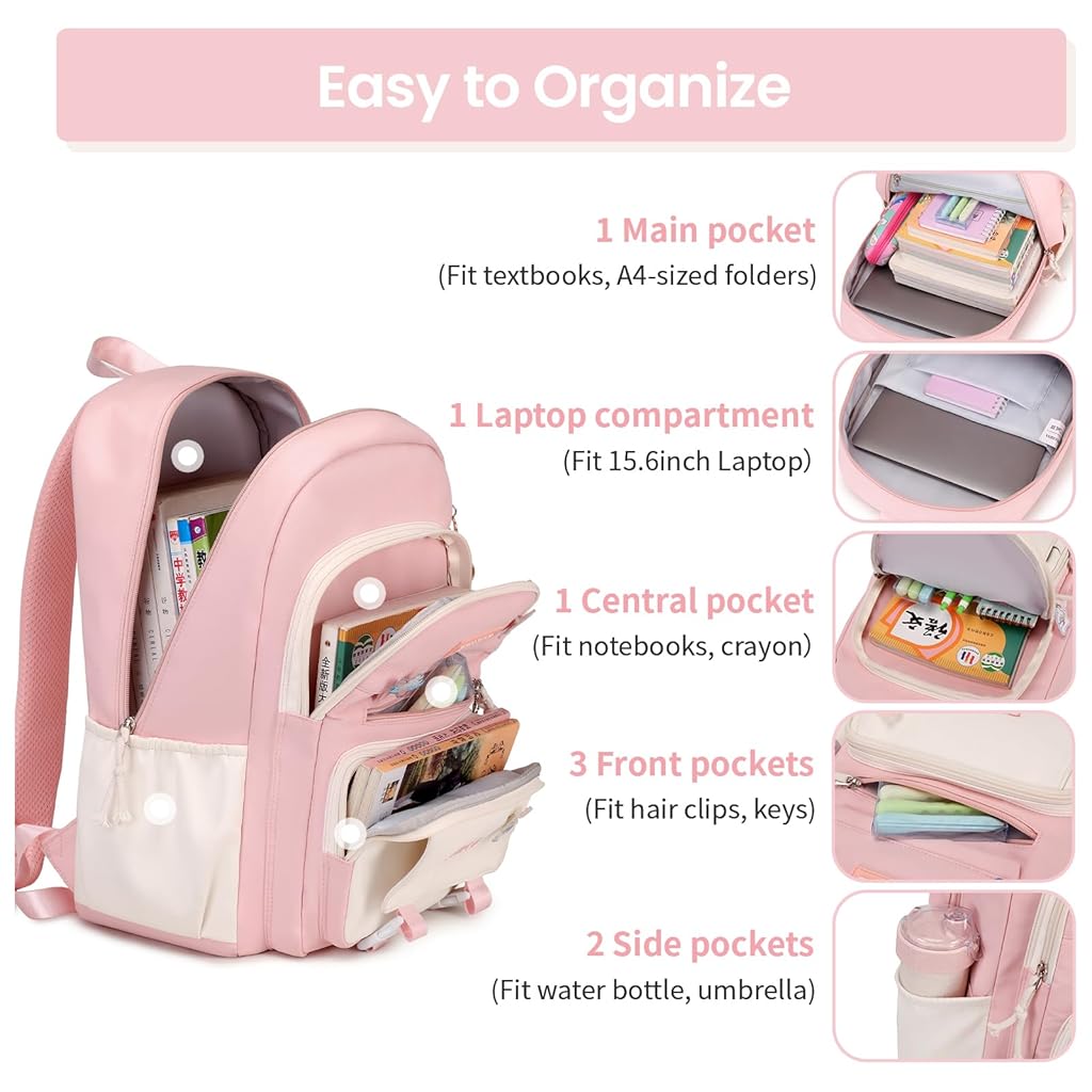 Climberty Girls School Backpack Kawaii Pink School Book Bag Multi Compartment 15.6 inches Travel Backpack School Bag for Girls 6-12 Years Old Birthday Gift Christmas Gift, 32x15x45cm