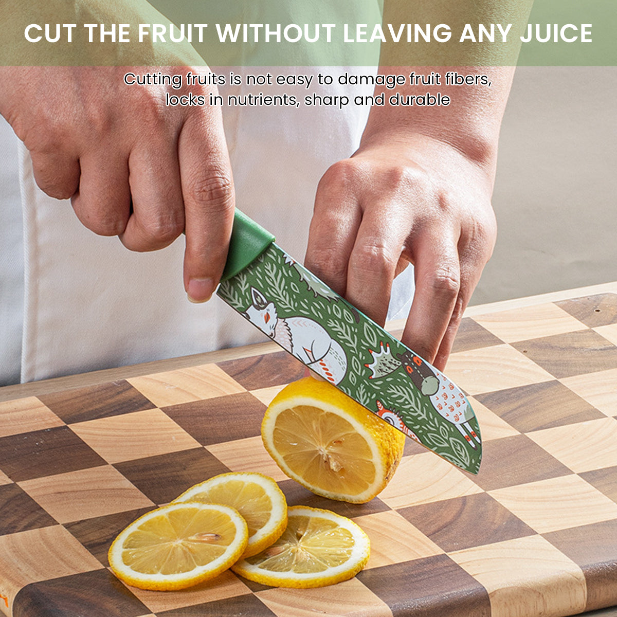 Supvox 5Pcs Stainless Steel Kitchen Knife - Chef Knife, Meat Cleaver, Fruit Cutter, Peeler and Stainless Steel Egg Fryer, Animal Forest Themed Printed Kitchen Supplies, Kitchen Tools for Cooking