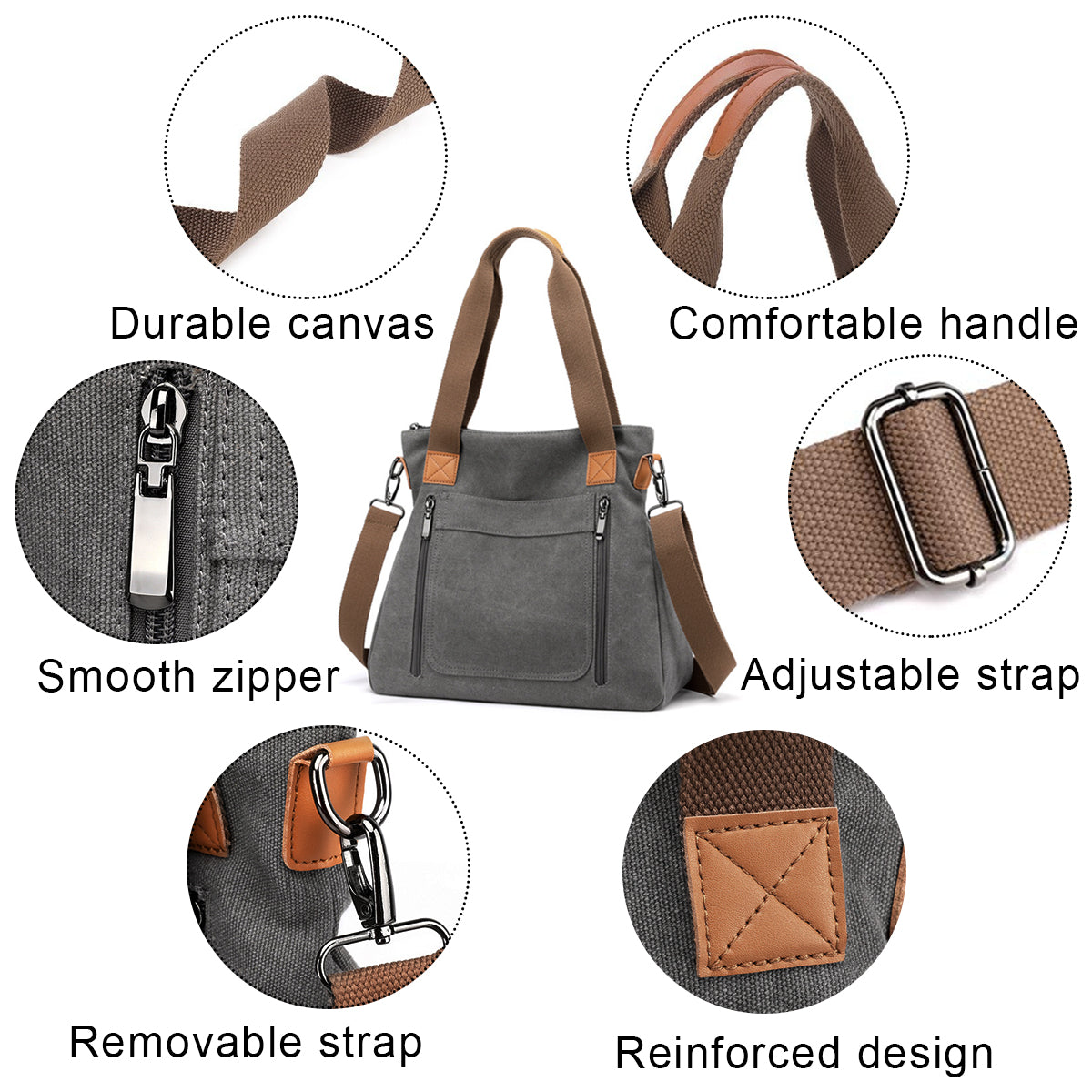 PALAY Handbag for Women Grey Canvas Shoulder Bag Tote Sling Bag Hand Bag Large Crossbody Bag with Detachable Shoulder Strap Korean Women Bag for School, Work