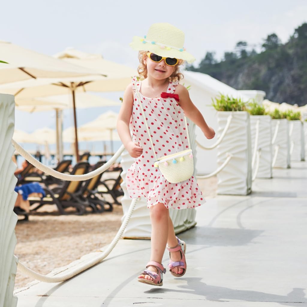 PALAY Straw Hat and Small Bag Set, Summer Sun Hat Girls Children's Straw Hat with Flower Decoration for Tourism Holiday Travel Beach Outdoor Activities