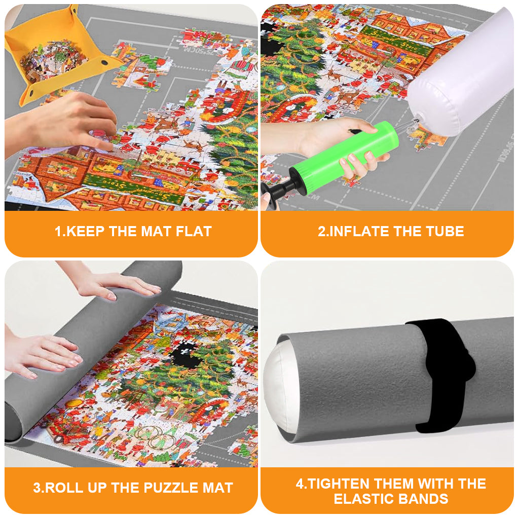 PATPAT Felt Puzzle Floor Mat Puzzle Storage Mat for 1500 Count Jigsaw Puzzle Pieces, with 4 Puzzle Pieces Organizer Tray, Air Pillar, Air Pump, Fastener Strap, Storage Bag, No Jigsaw Puzzle Included