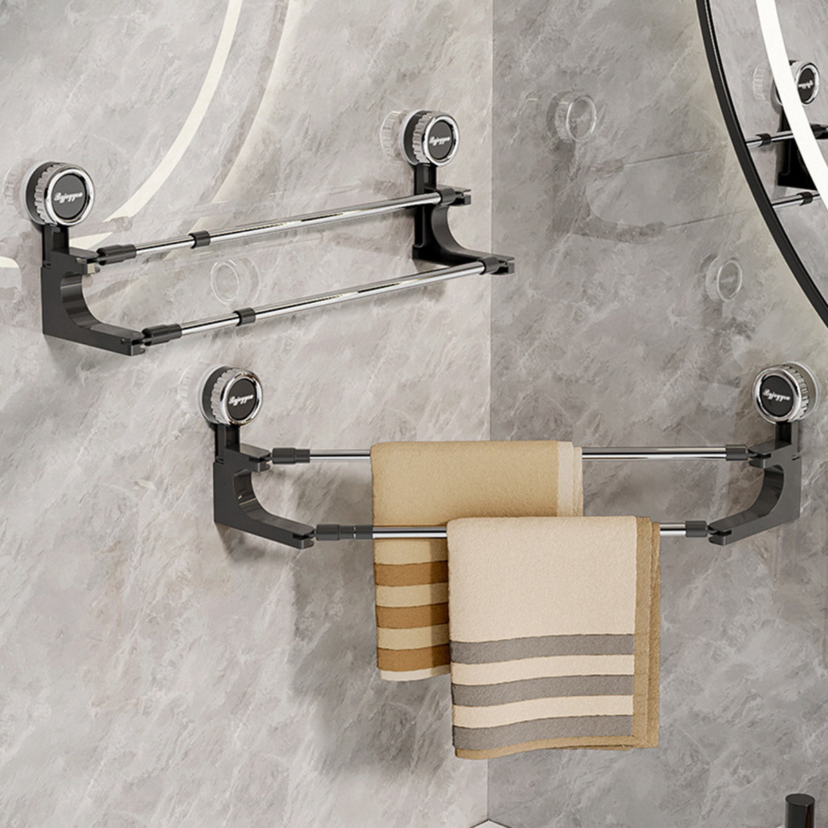 HASTHIP Retractable Towel Rack 30-70cm, No Drill Strong Suction Corner-Fit, Double Layer Stainless Steel Multipurpose Wall Organizer for Bathroom, Kitchen, Shoes, Pot Lids & Dish Cloths