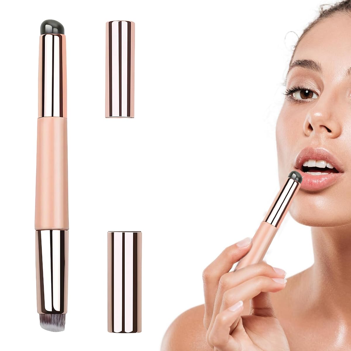 MAYCREATE Lipstick Silicone Brush 2 In 1 Lip Balm Silicone Applicator with Blending Brush Multifunctional Lipstick Brush Travel Makeup Tools for Lipstick, Lip Gloss, Concealer, Foundation, Pink