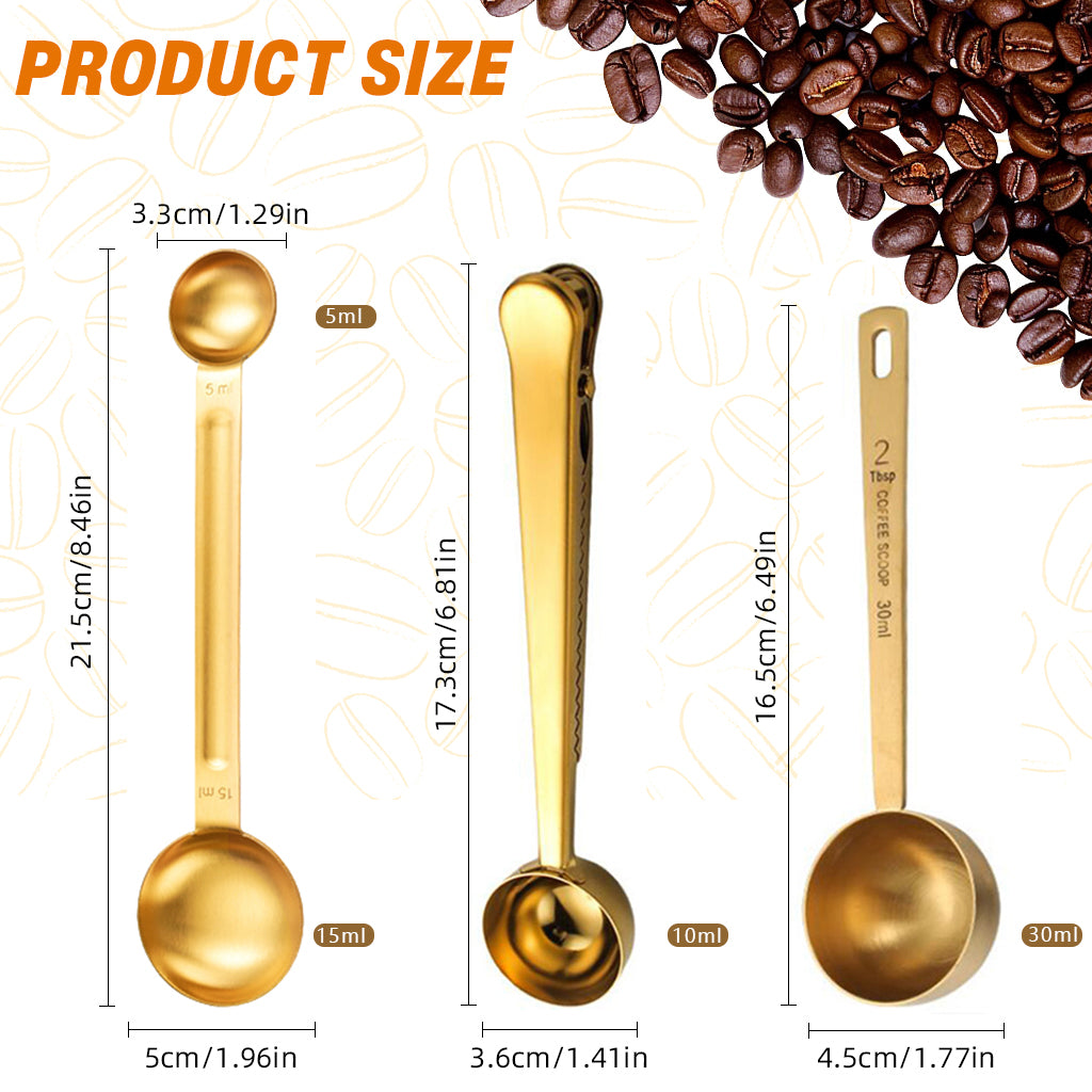 Supvox 5ml /15ml/30ml Ground Coffee Scoops Set 2 in 1 Measuring Scoop with Intergated Sealing Clip Dual-end Food Grade Stainless Steel Measuring Spoons Kitchen Measuring Spoons for Baking, Cooking