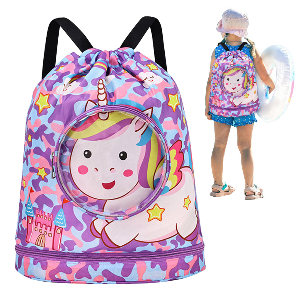 Proberos Drawstring Backpack Girls Waterproof Swimming Bags with Shoe Compartment Colorful Unicorn Print Polyester Drawstring Backpack Girls Travel Backpack Swimming Bag Activitiy Bag