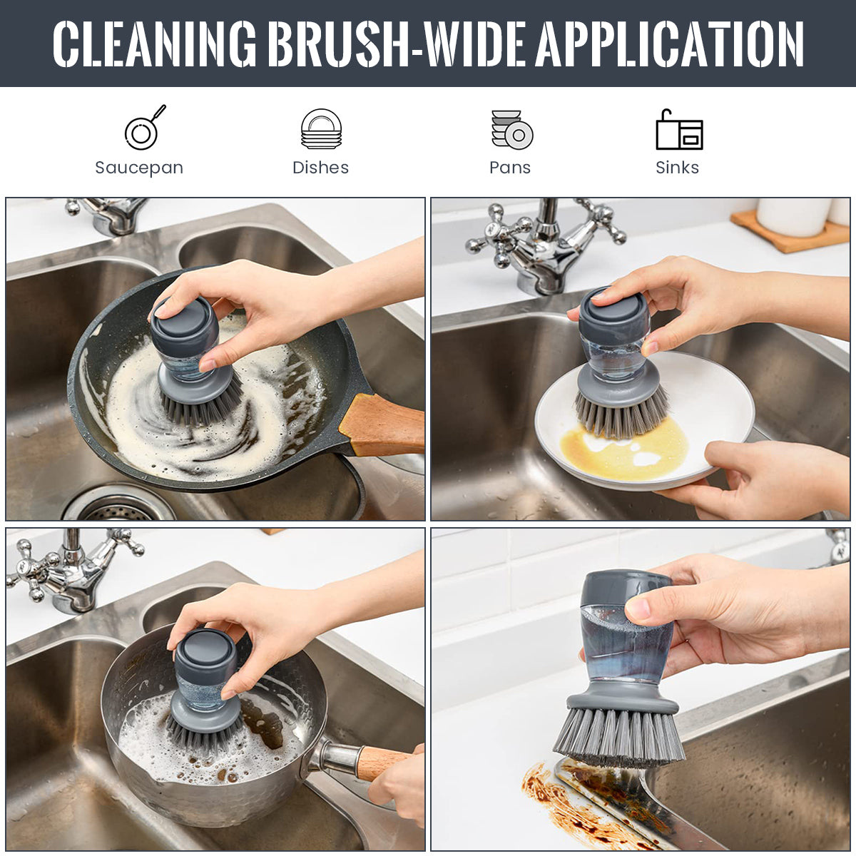 ZIBUYU Kitchen Pot Brush with Drip Stand, 2 in 1 Dish Scrub Bursh with Refillable Soap Dispenser Utility Hands-free Kitchen Dishwashing Cleaning Scrub Brush for Pot, Pan, Plates, Sink