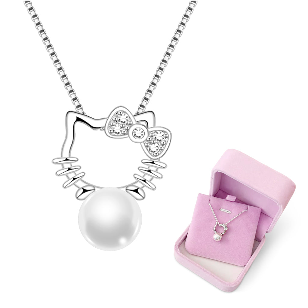 SANNIDHI Cute Kitty Necklace for Girls Rhinestone Pearl Kitty Charm Pendant Necklace Jewelry Gift Birthday Gift Christmas Gift for Girls