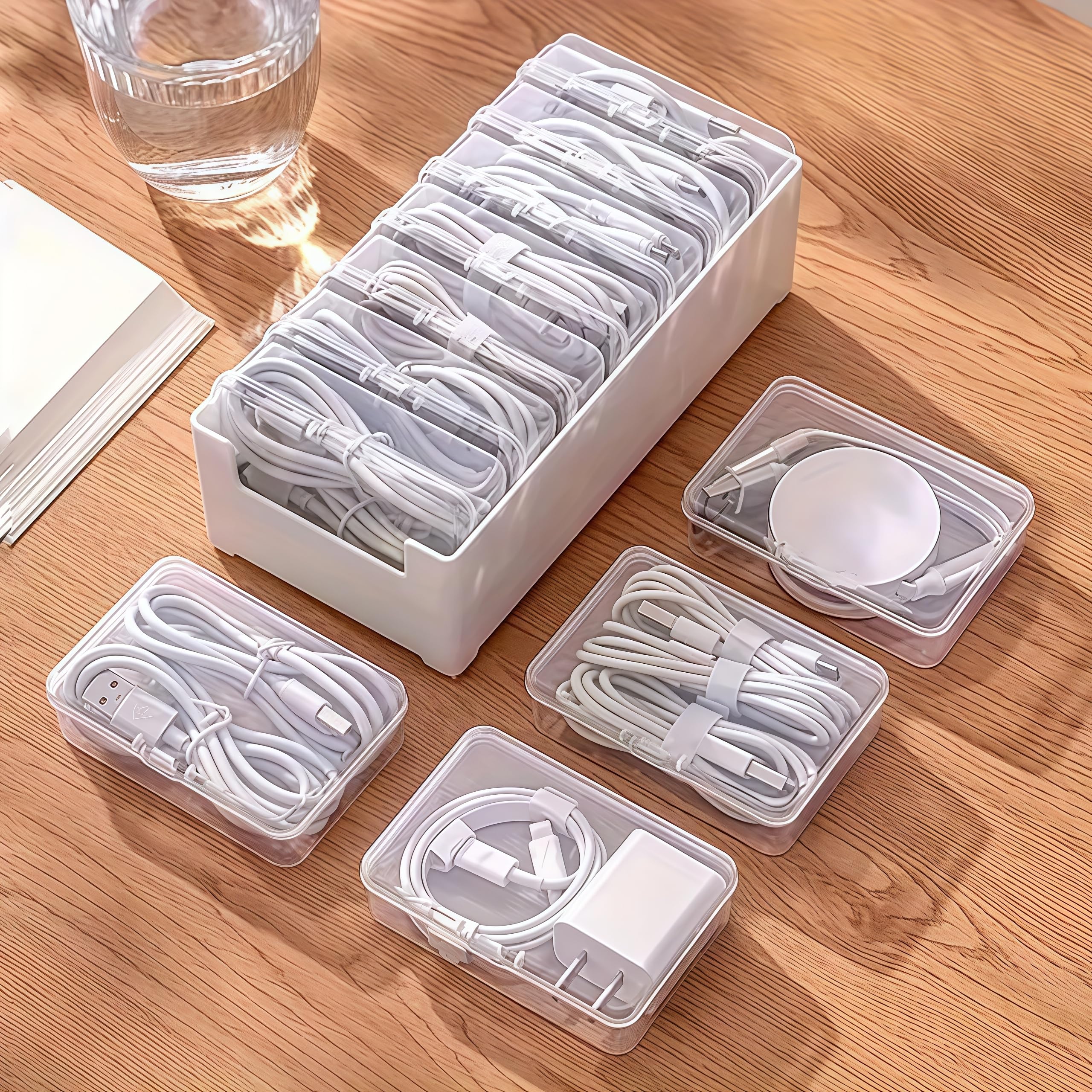 HASTHIP® 7 Box Cable Organizer Storage Box for Office,Home,Desk Accessories Storage Stationery Supplies and Accessories White-Transparent