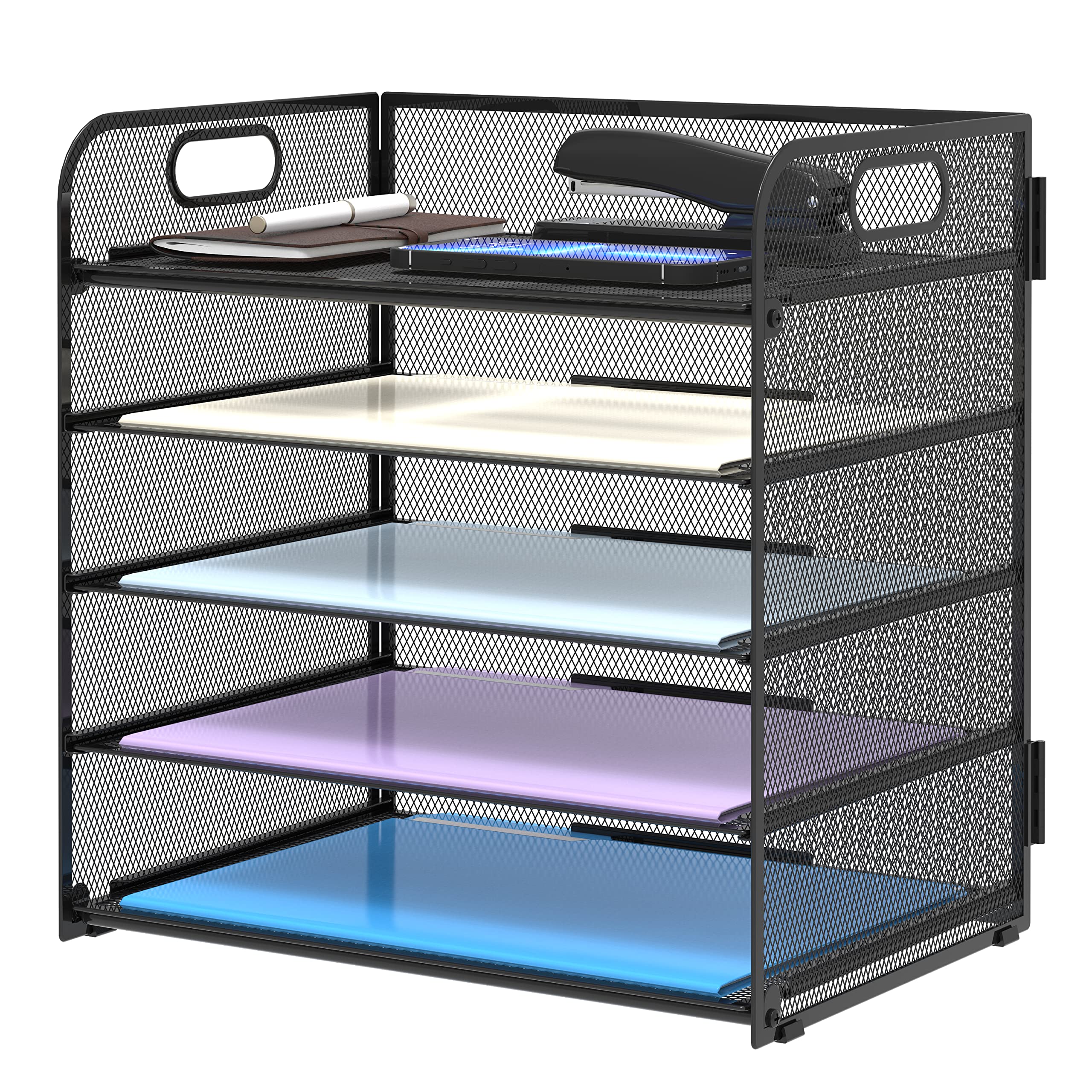 HASTHIP® 5-Layer File Holder Desk Organizer Open Metal Mesh Document Storage Organizer with Handle, School Office Desk Accessories Scrapbooking Supplies Holder Organizer, 32.5x32.5x23cm