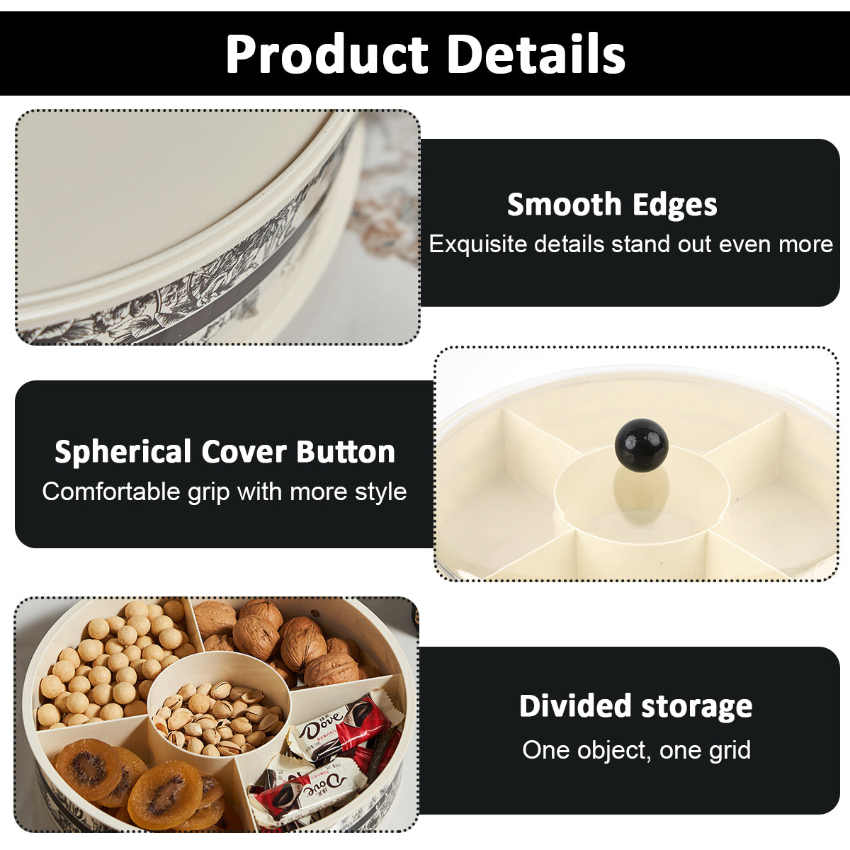 Supvox Dry Fruit Container 13 inches Round Snack Serving Tray with Lid 5 Compartments Design Elergant Kitchen Party Organizer Food Serving Tray for Deli, Snacks, Nuts, Tea Bag