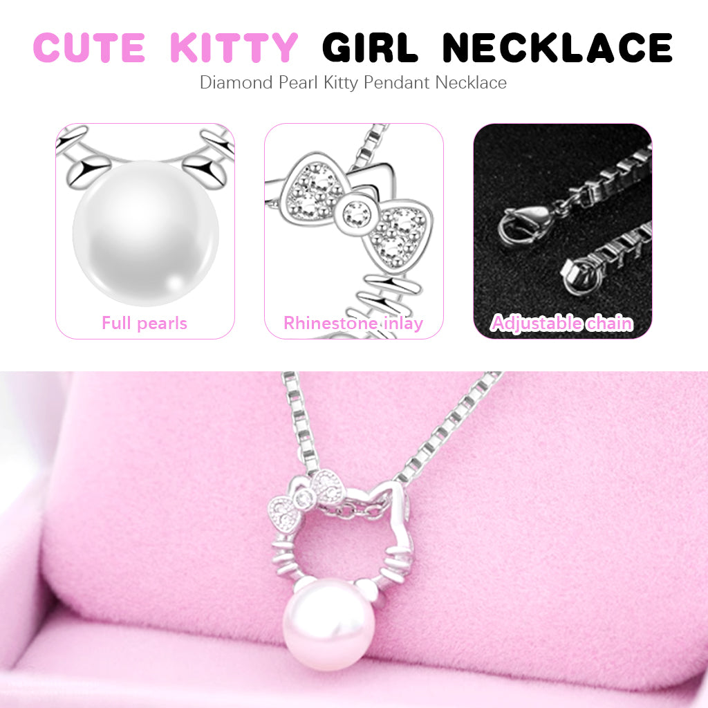 SANNIDHI Cute Kitty Necklace for Girls Rhinestone Pearl Kitty Charm Pendant Necklace Jewelry Gift Birthday Gift Christmas Gift for Girls