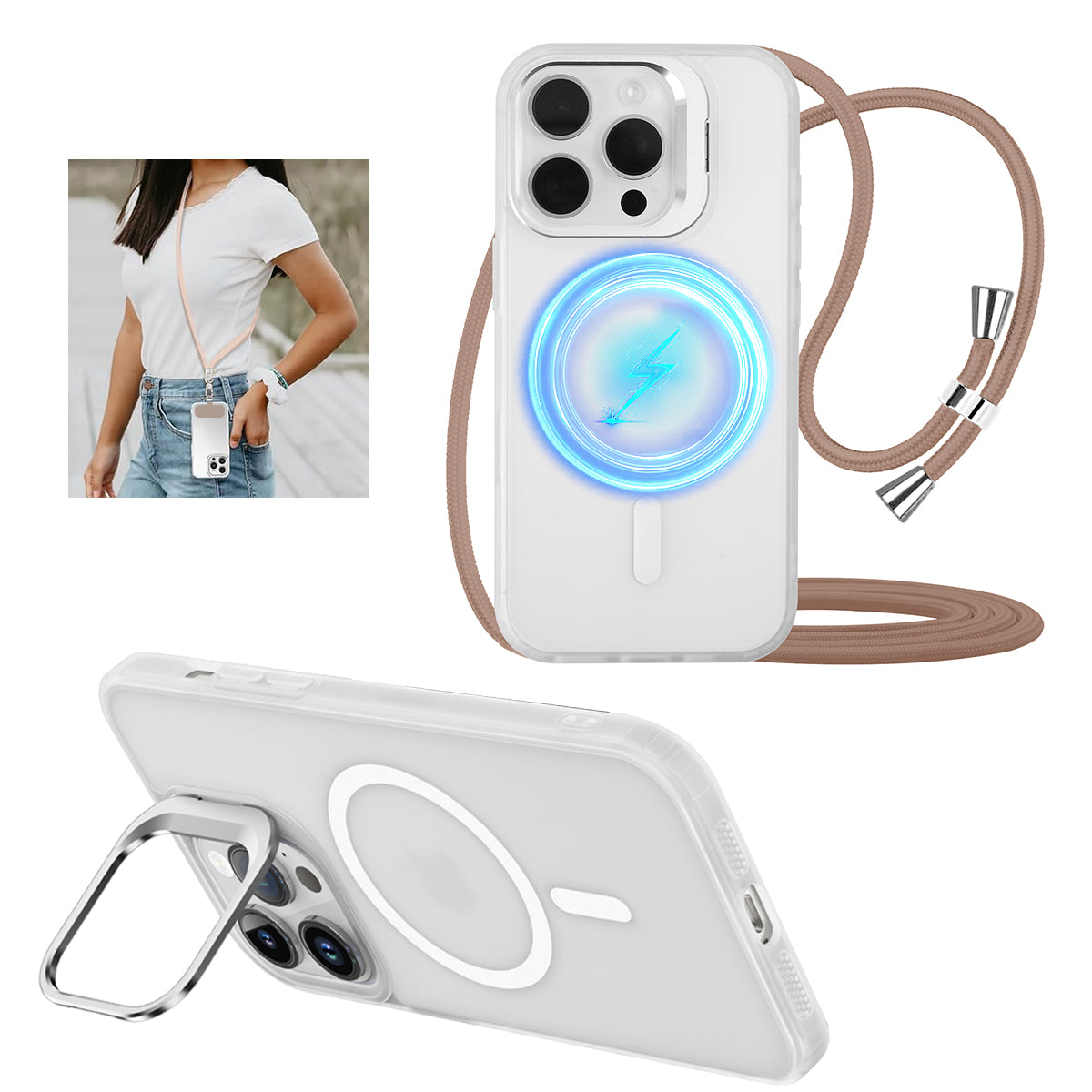 ZORBES Phone Case for Phone 16 Pro Sleek White TPU Matte Phone Case with Lanyard 2 in 1 Magnetic Lens Protector Frame Design, Magnetic Phone Case for Mag safe Support Wireless Charging