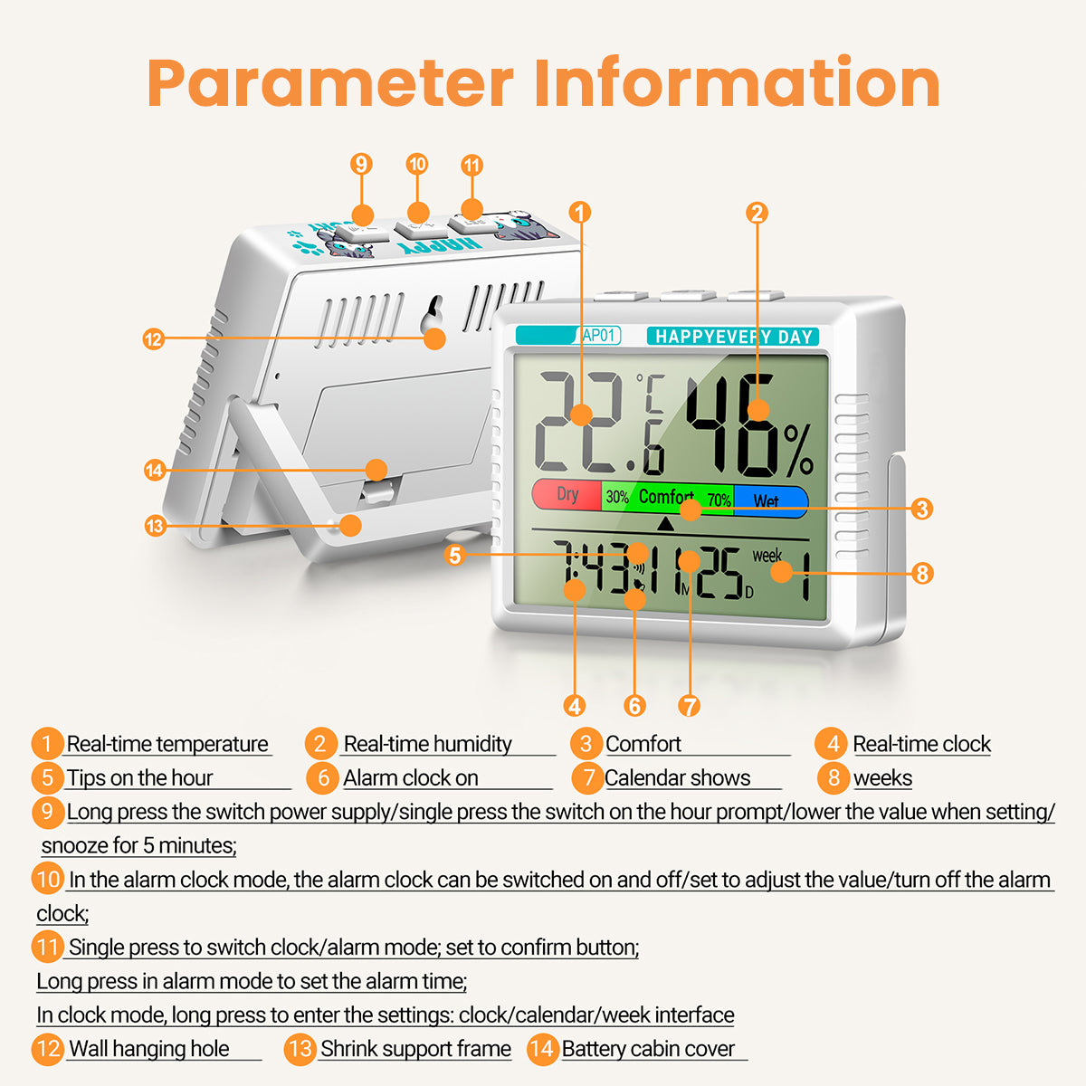 HASTHIP Thermo-Hygrometer Alarm Clock with Snooze Modes, Date & Week Display, LCD Thermo-Hygrometer Wall Desktop Digital Thermometer with Temperature and Humidity Monitor (Battery Not Included)