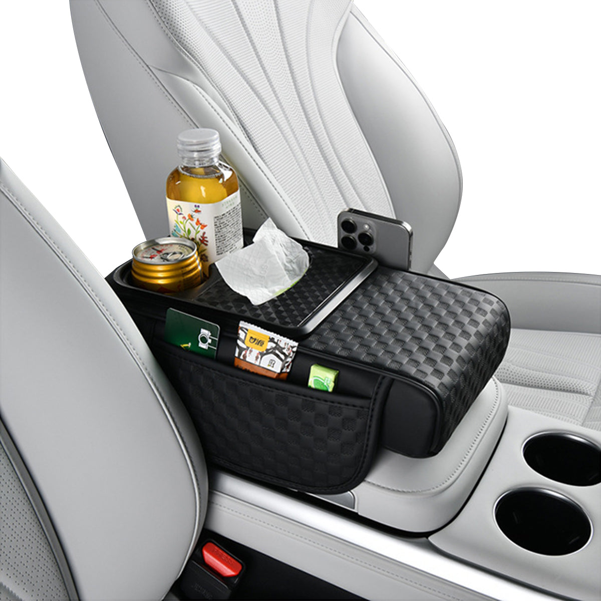 STHIRA® PU Armrest for Car Center Console 4 in 1 Armrest Pad with Cup Holder Tissue Paper Box & Side Pocket Multifunctional Fashion Printed Car Center Console Armrest Universal Car Armrest Cushion