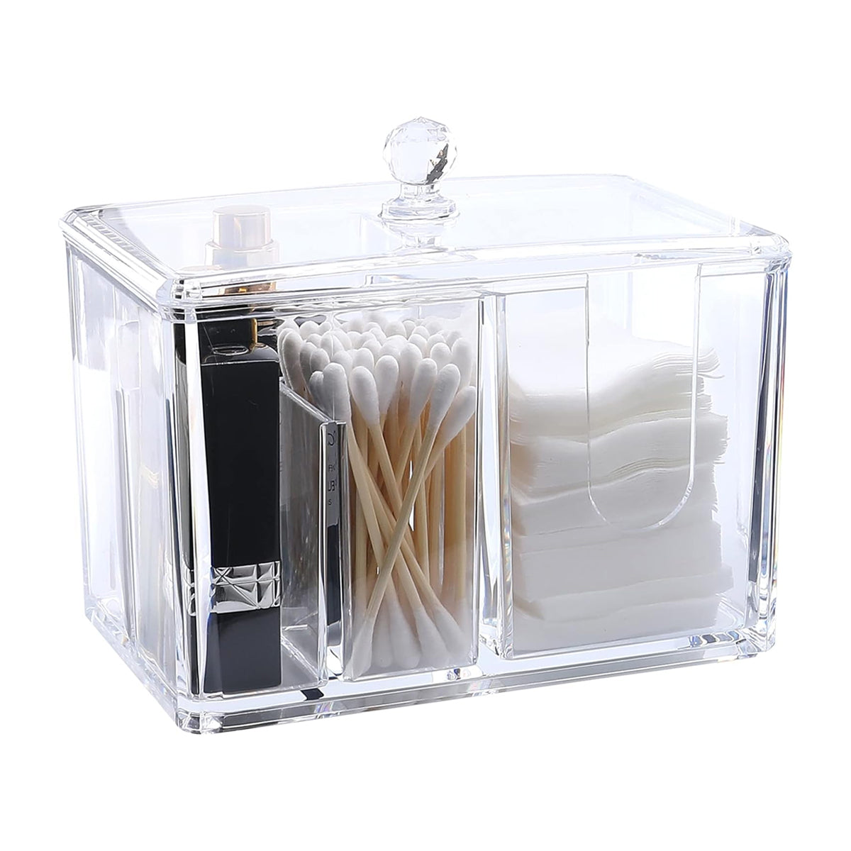 ZIBUYU Cotton Pad Holder Dispenser Cotton Ball and Swab Storage with Lid Clear Acrylic Cotton Round Organizer, 4 Sections