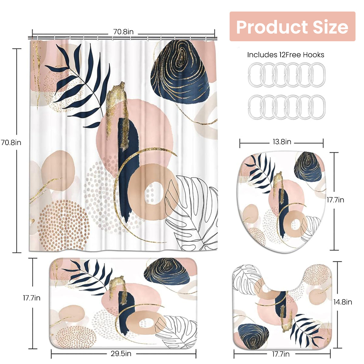 HASTHIP 4Pcs Bathroom Shower Curtain With Boho Leaf Print - Waterproof Curtain, Toilet Cover, Bathtub & Absorption Foot Mat Combo For Modern Bathroom Décor, Universal Fit, Durable & Stylish Supplies