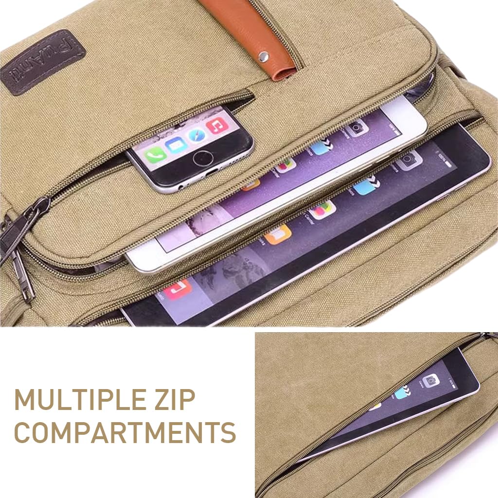 ZIBUYU Sling Bag for Men Crossbody Bag Khaki Canvas Messenger Shoulder Bag Multi-pocket Satchel Crossbody Bag for Mens Side Bags for Men Stylish for Adults, Men and Women