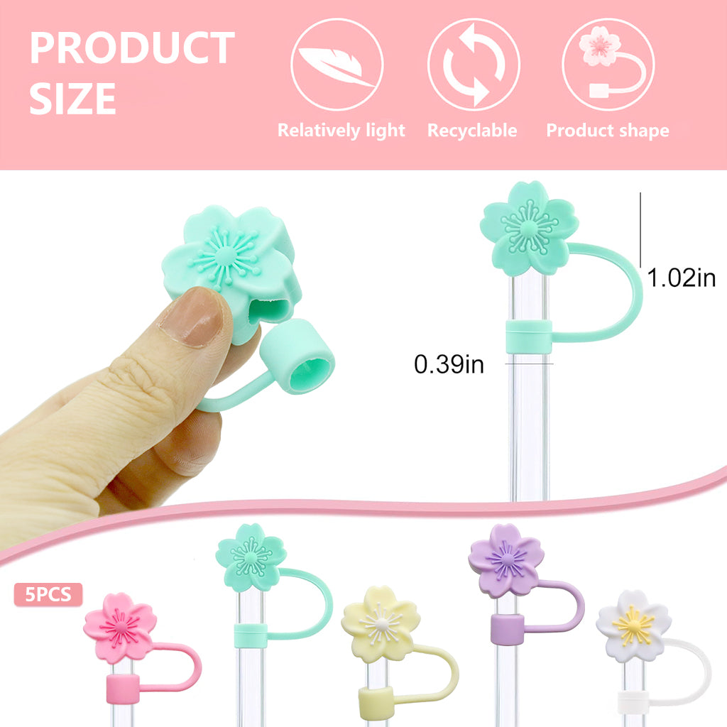 HASTHIP® 5Pcs Flower Straw Caps Multi Color Silicone Kawaii Sakura Straw Caps Stanley 30&40 Oz Cups Cherry Blossom Straw Covers Universal 10mm Straw Covers for Glass Straws, Stainless Steel Straws