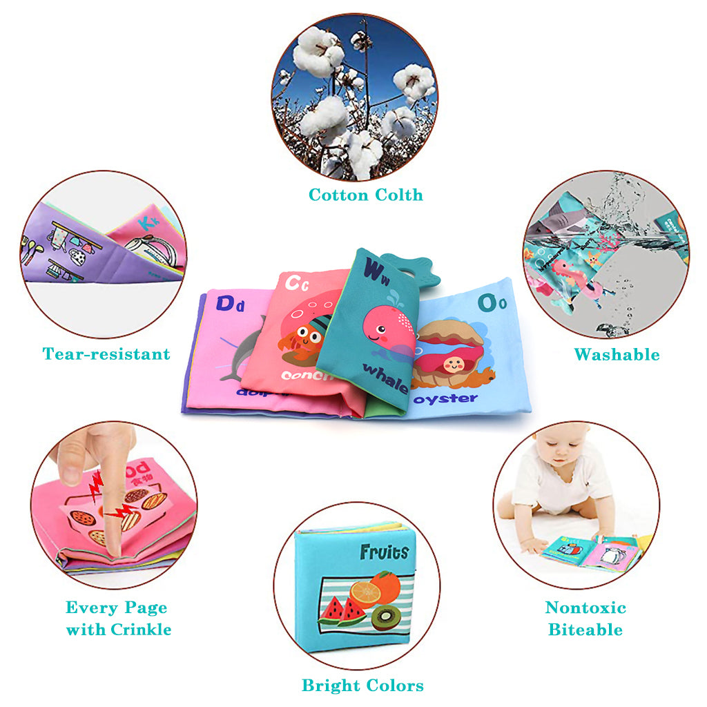 SNOWIE SOFT 6Pcs Baby Cloth Book with Silicone Teether Baby Play Books 10-Page Themed Books Built in Squeaky Cloth Book Sensory Book Early Educational Books for 6-12 Months Shower Gift Baby Gift