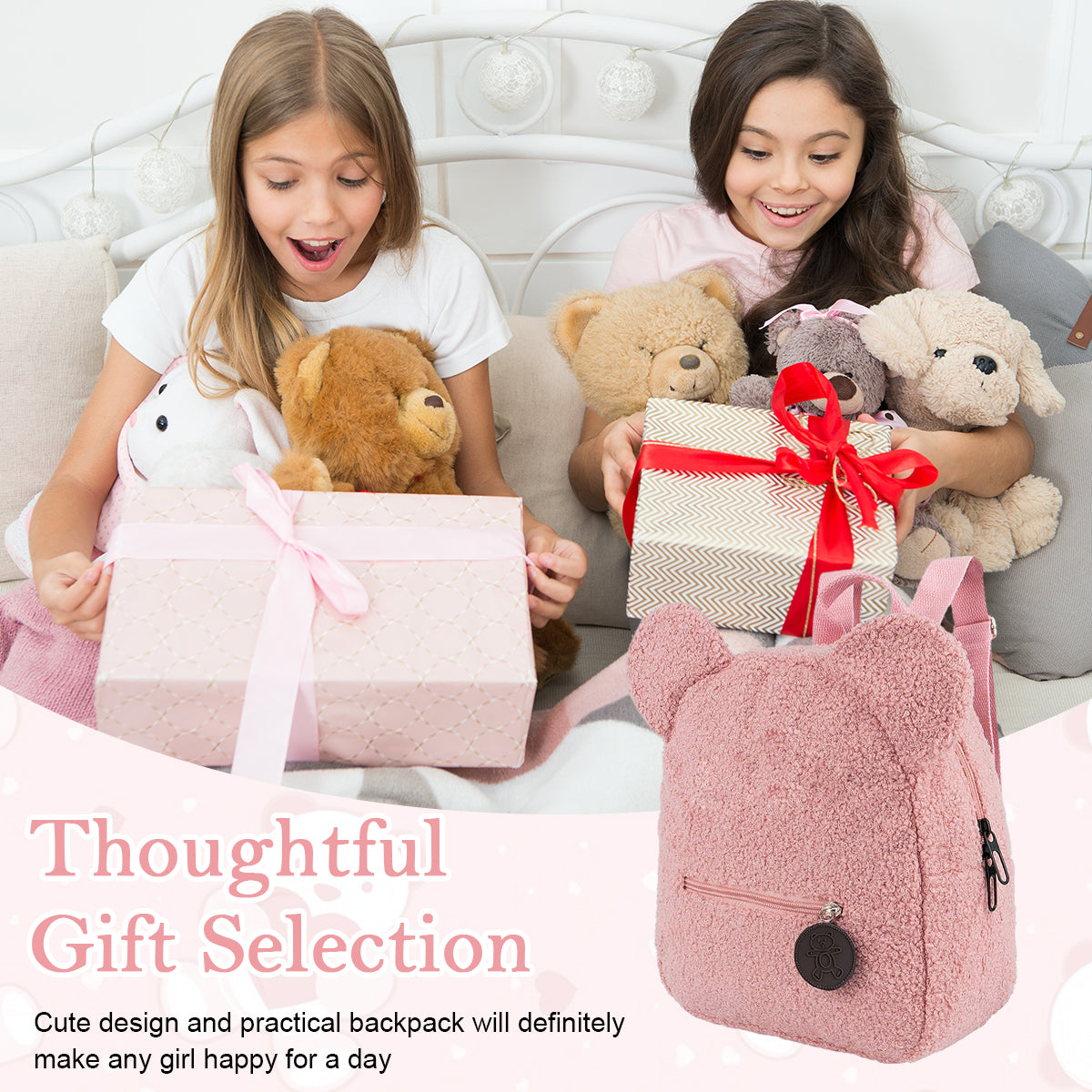 PALAY Girls Backpack Cute Pink Bear Plush Backpack Kawaii Casual Bag for Girls Travel Backpack Day Pack Birthday Christmas Gift for Girls, 28x27x13cm