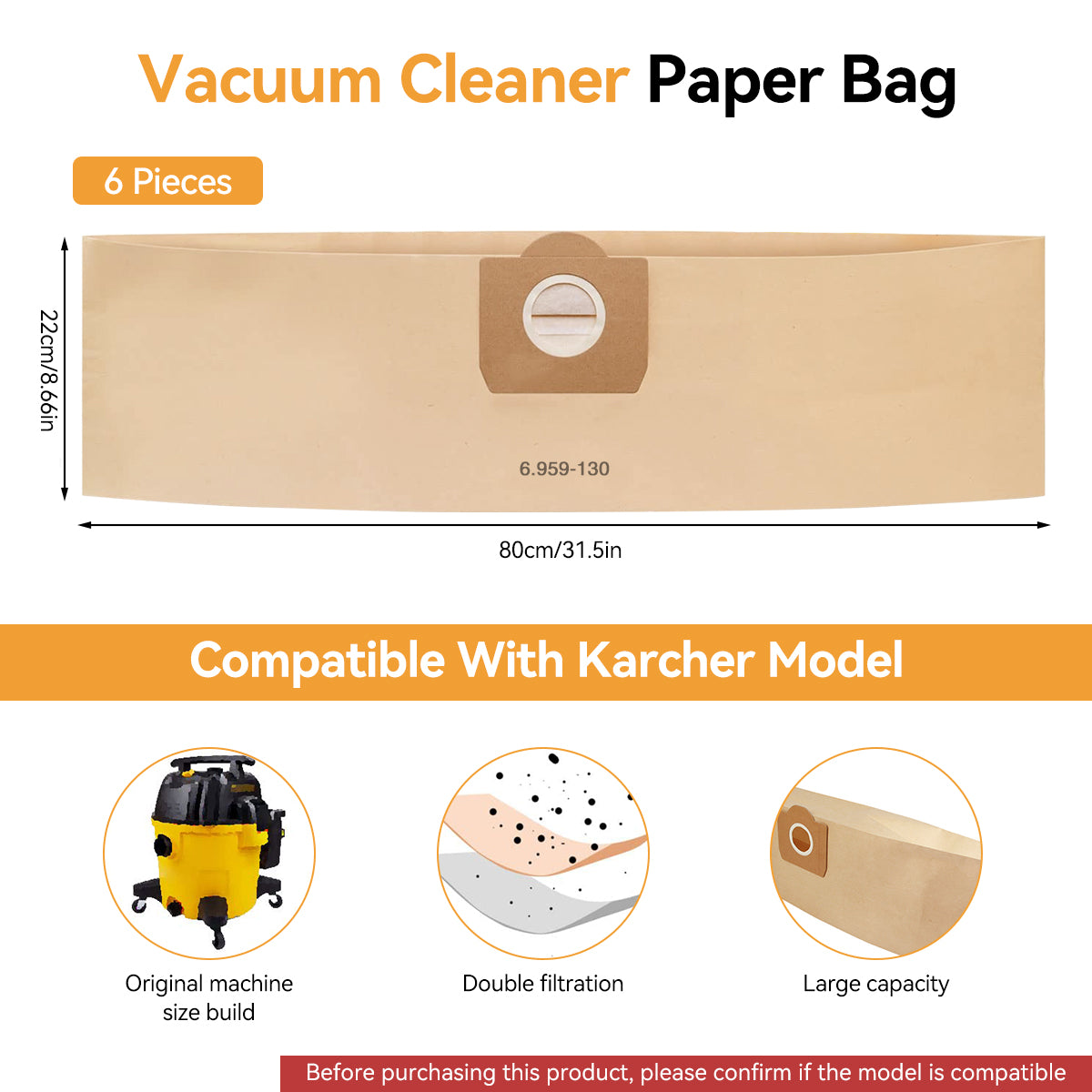 Verilux 6Pcs Vacuum Cleaner Dust Bags for Karcher Vacuum Cleaner WD3/MV3 Dry Use Replacement 6.959-130 Paper Filter Bags for Karcher WD3/MV3