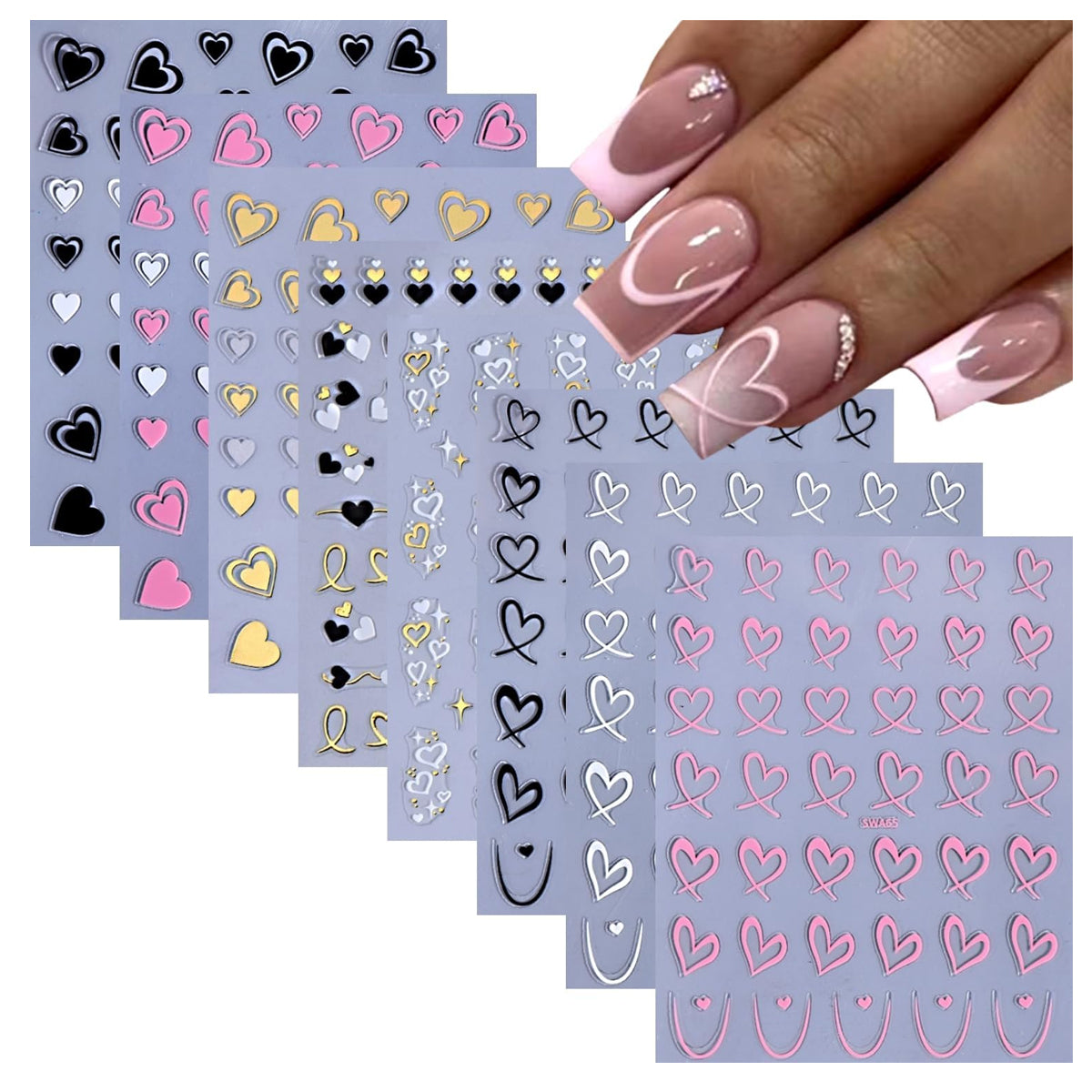 MAYCREATE 8 Sheet Color Nail Decals Decorative Nail Art Decals Sweetly Stylish Heart Charm Nail Decals Self-adhesive 3D Multi Color  Nail Decals for DIY Nail Extension, Craft Art