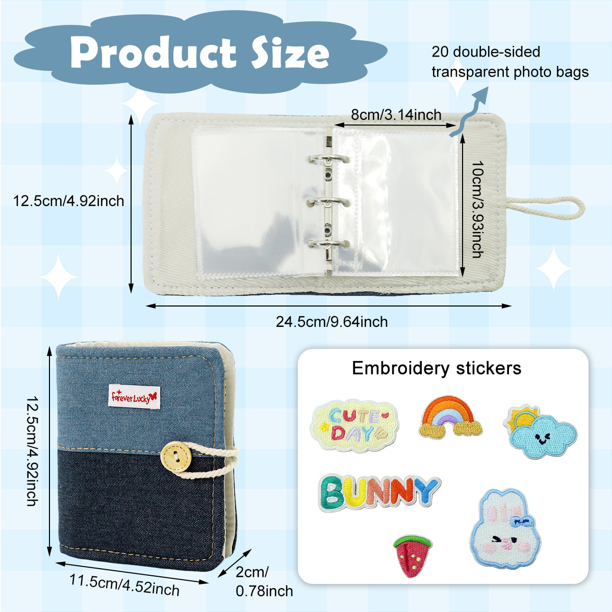 HASTHIP DIY Pocket Photo Album Holds Up 40-Photoes Fashion Patchwork Photo Album with Cartoon Embroidery Decals Cartoon Instant Square Films Pocket Album Kpop Star Photocards Binder Album